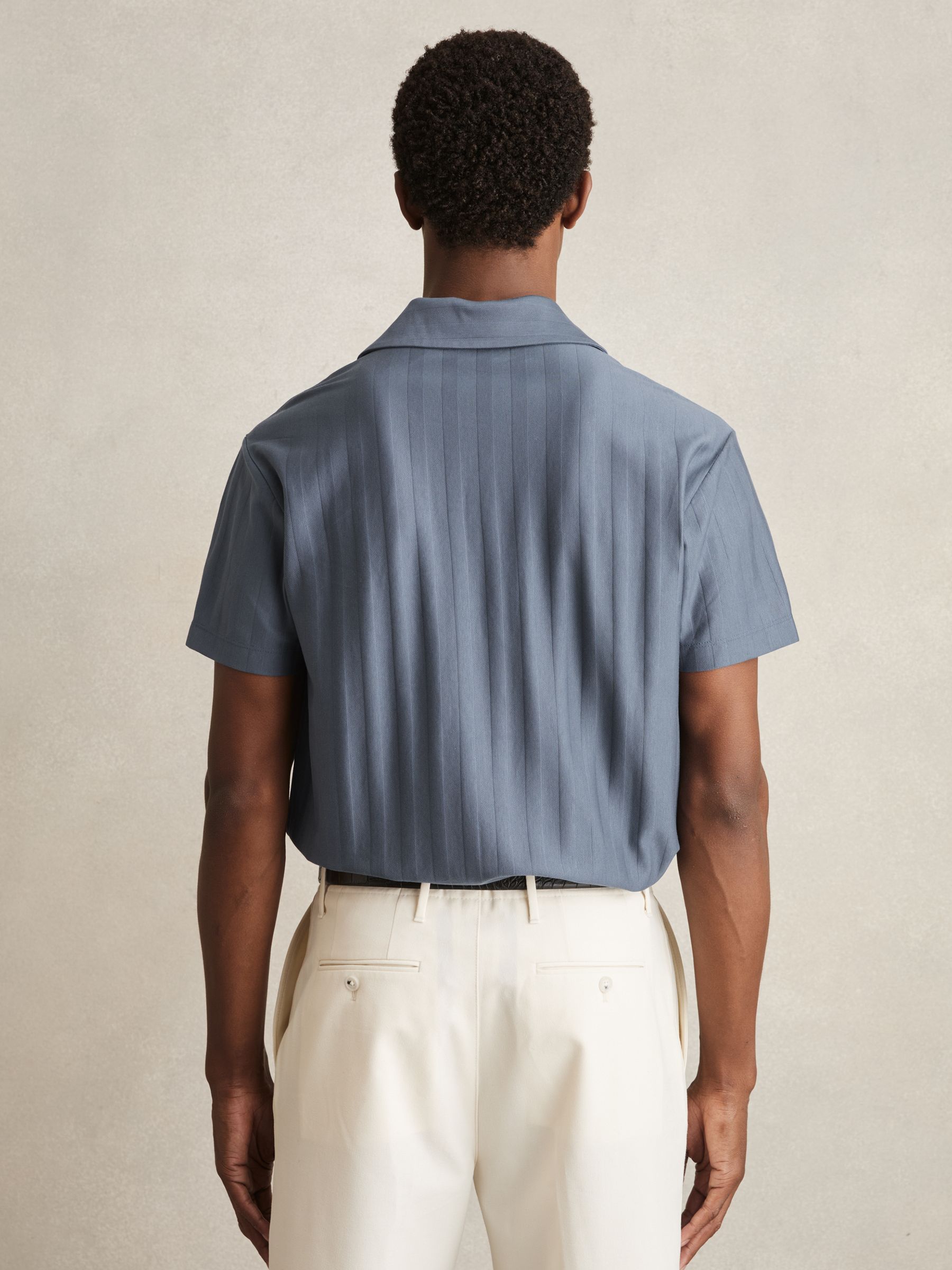 Cotton Textured Cuban-Collar Shirt in Airforce Blue