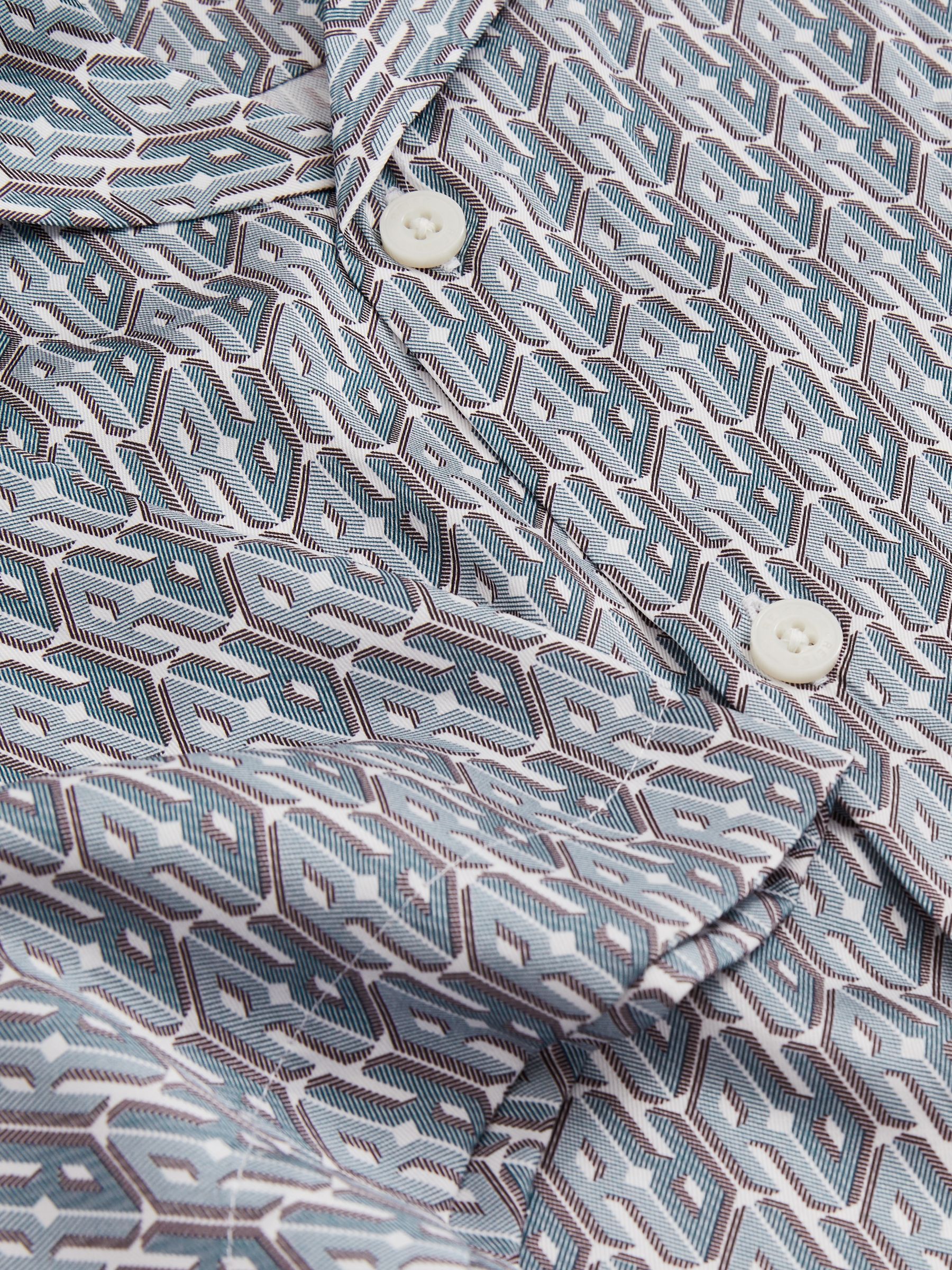 Monogram-Print Cuban-Collar Shirt in Blue