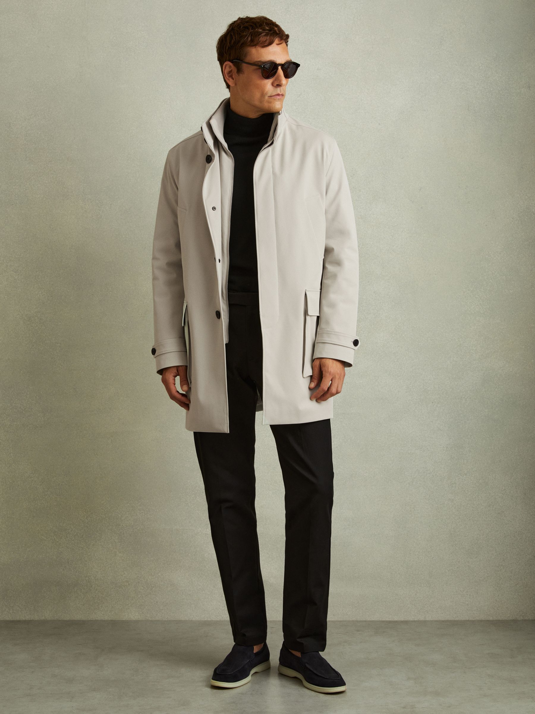 Hybrid Removable Funnel Neck Overcoat in Stone