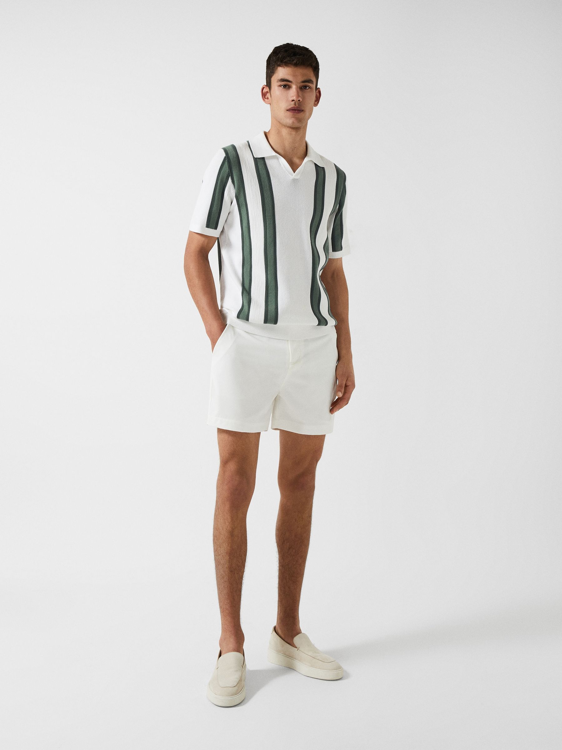 Open Collar Striped Polo T-Shirt in White/Sage