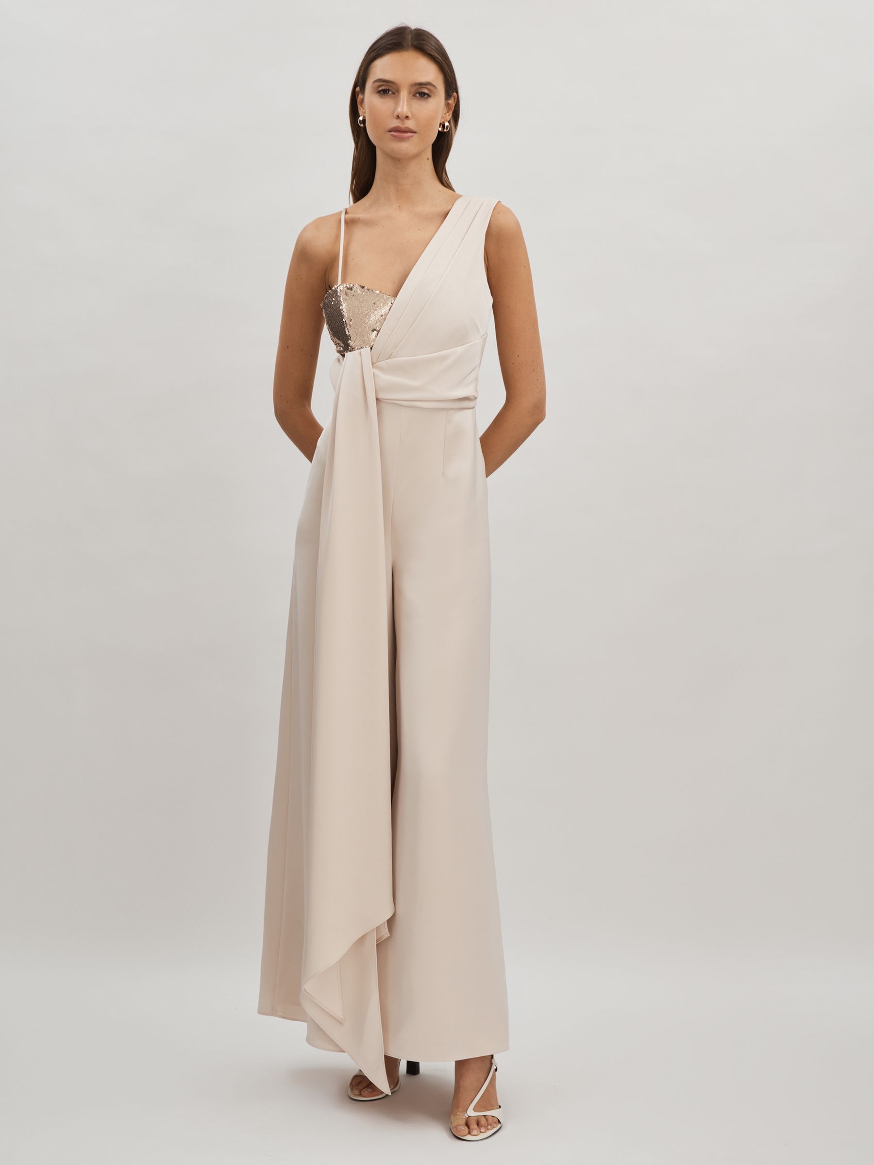 Halston Satin Sequin Wide Leg Jumpsuit in Champagne