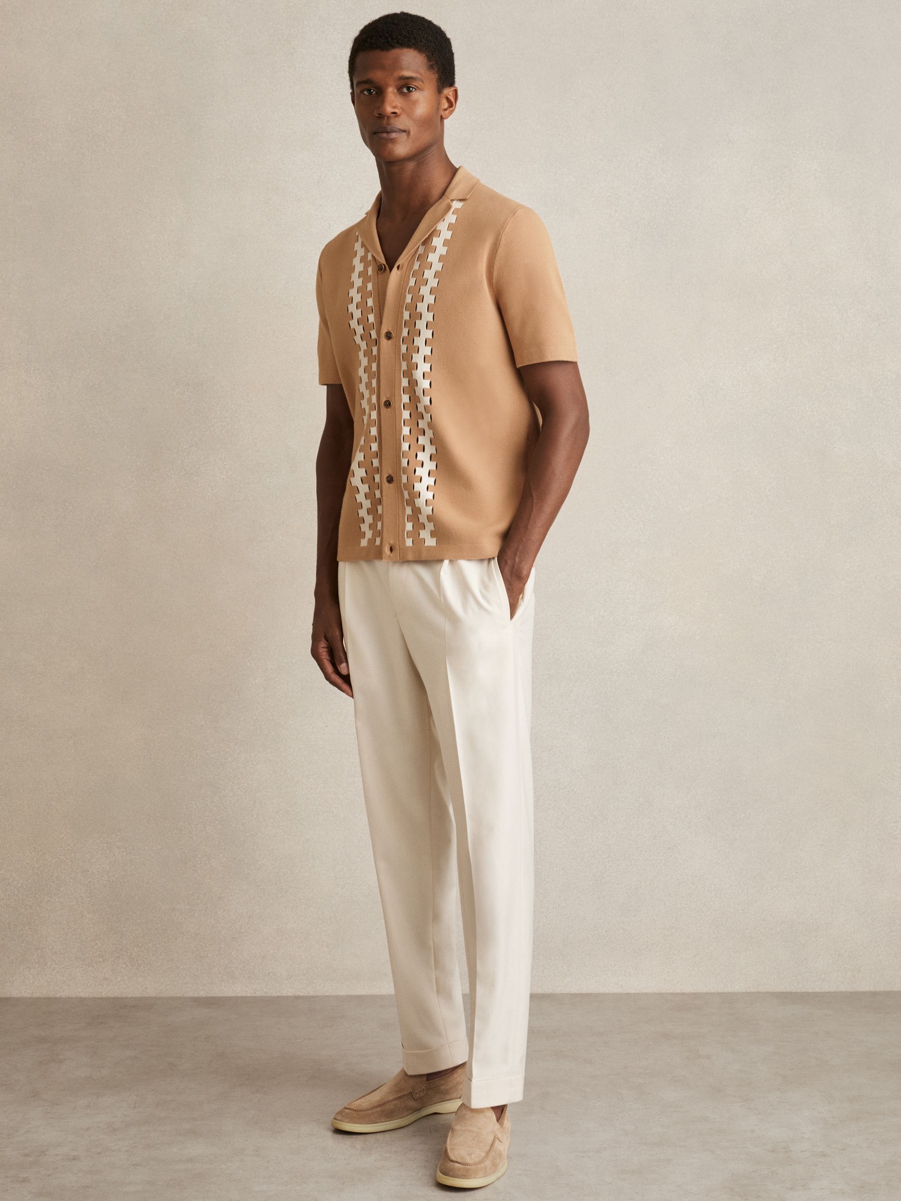 Geometric Cuban-Collar Knit Shirt in Camel/Off White