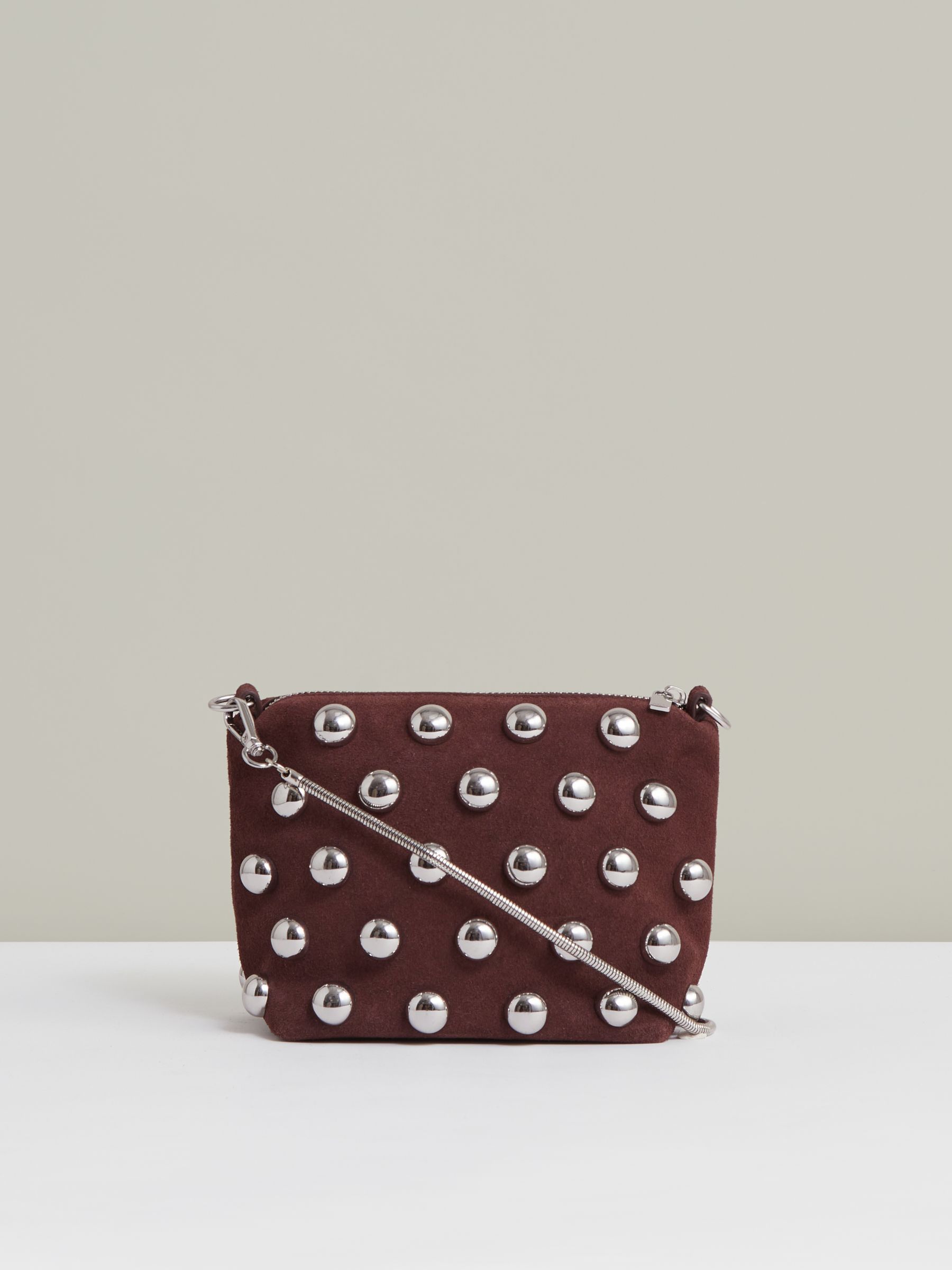 Suede Studded Shoulder Bag in Oxblood