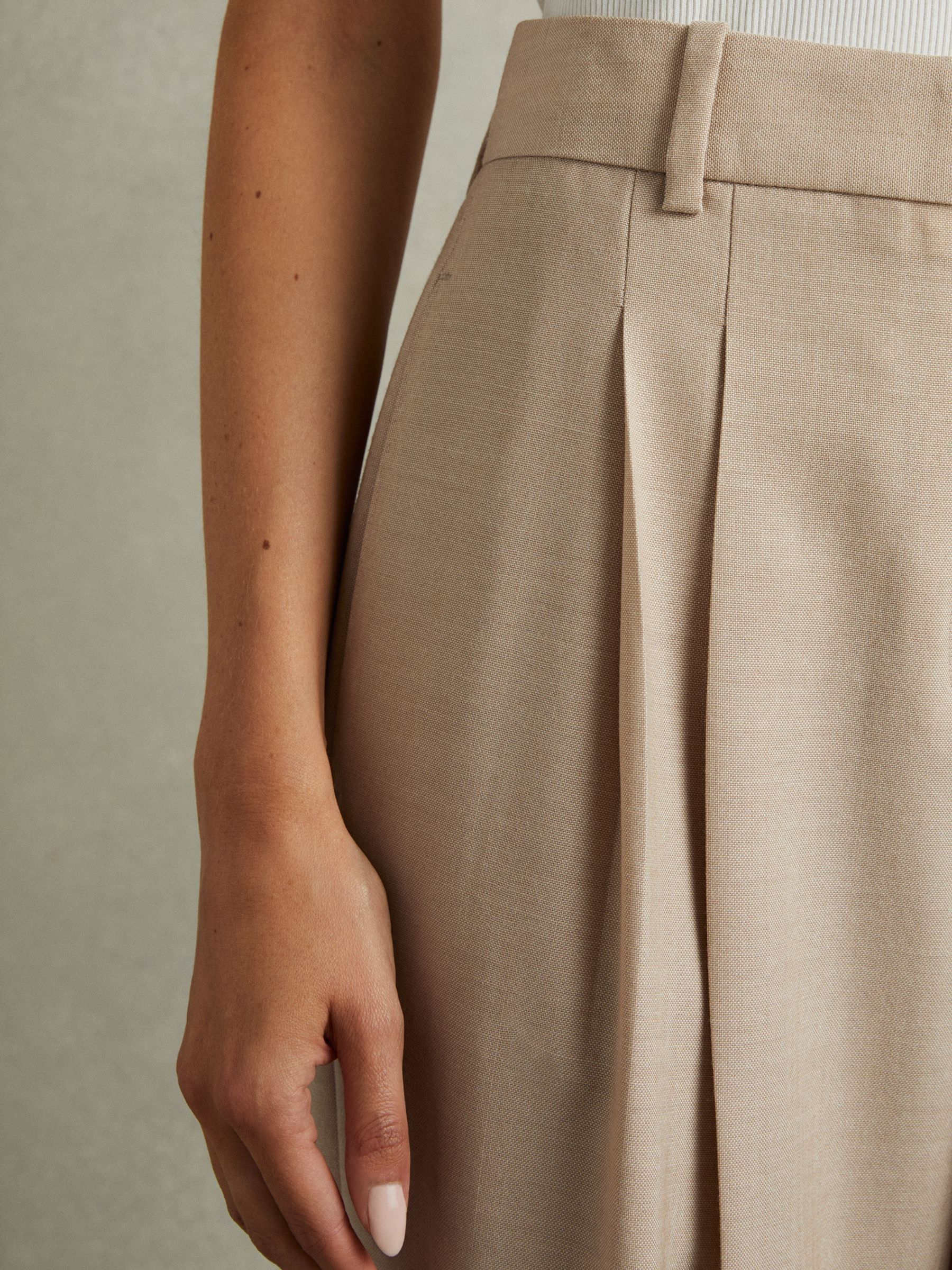 Wool Pleat Front Wide Leg Suit Trousers in Neutral