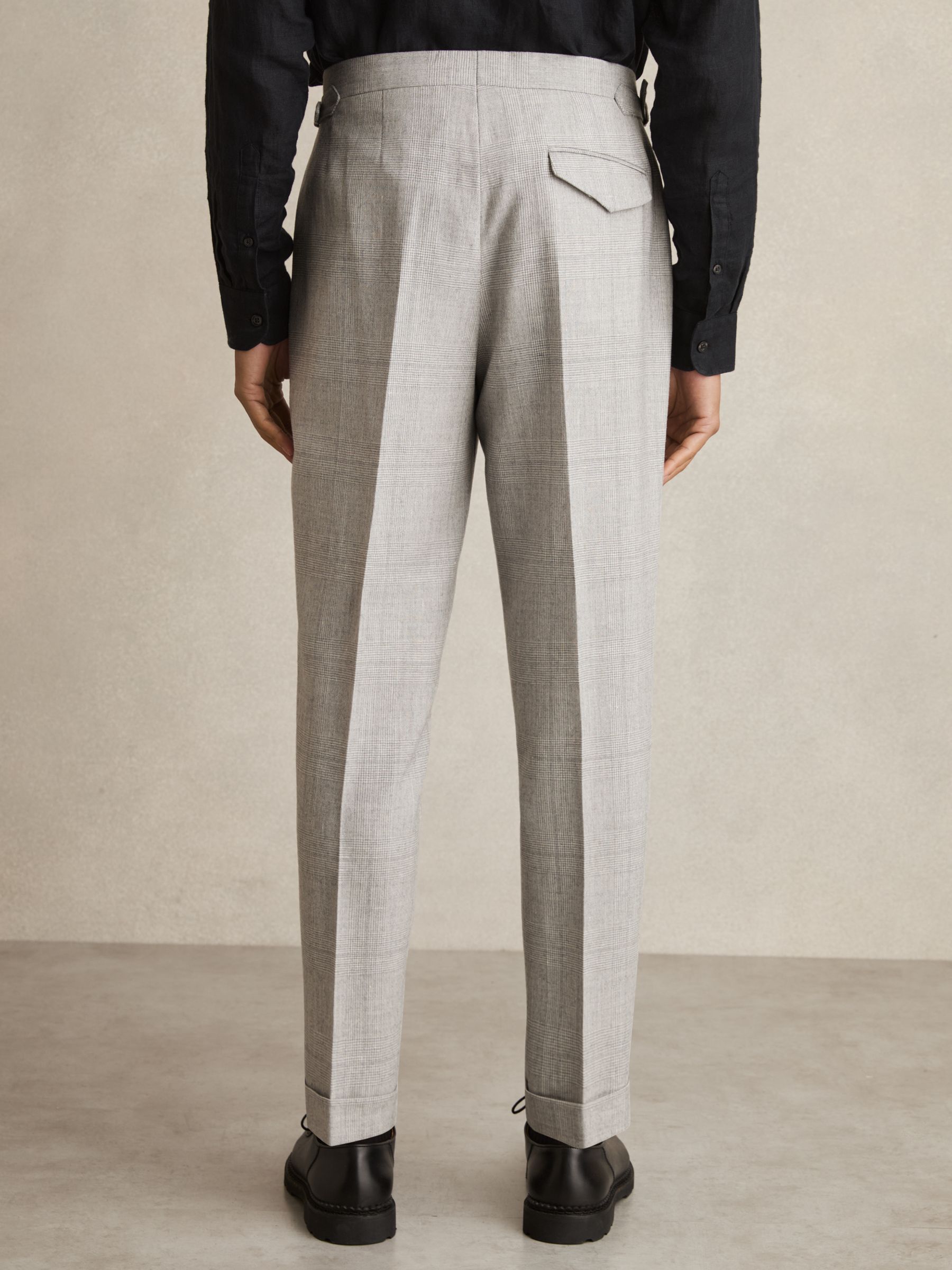 Wool-Linen Check Tapered Trousers in Soft Grey Melange