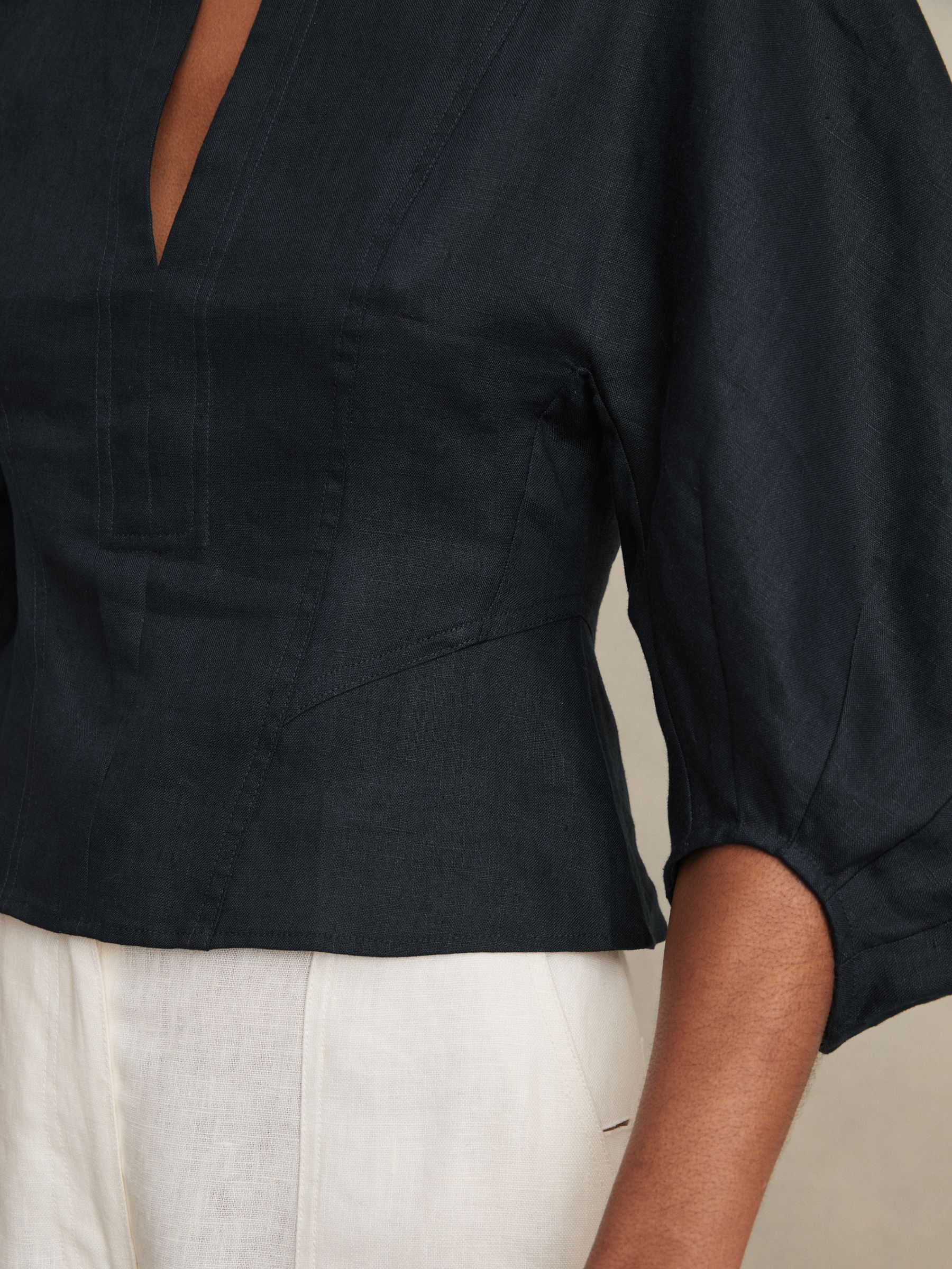 Linen Balloon-Sleeve Top in Navy