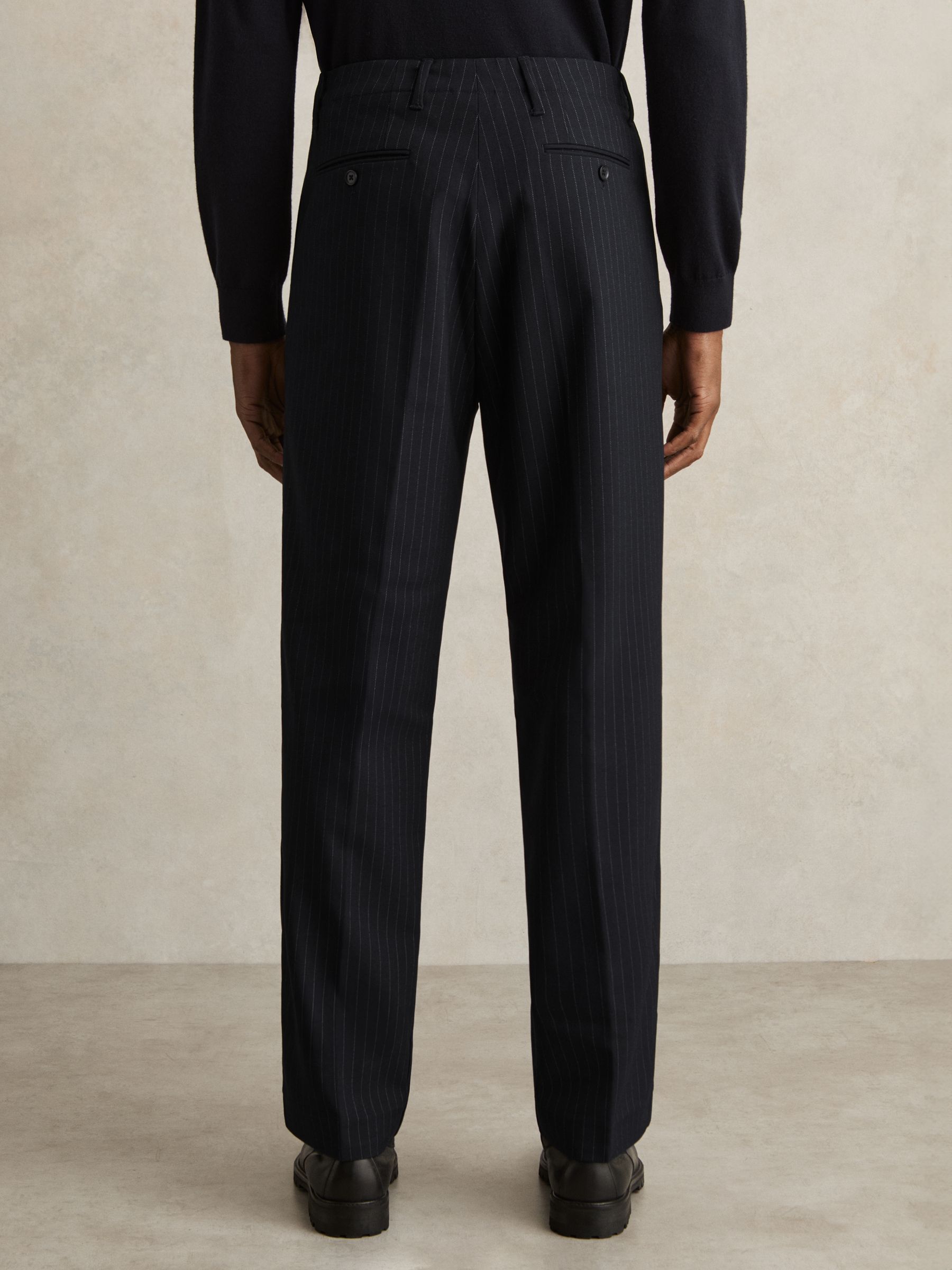 Straight Leg Pinstripe Trousers in Navy