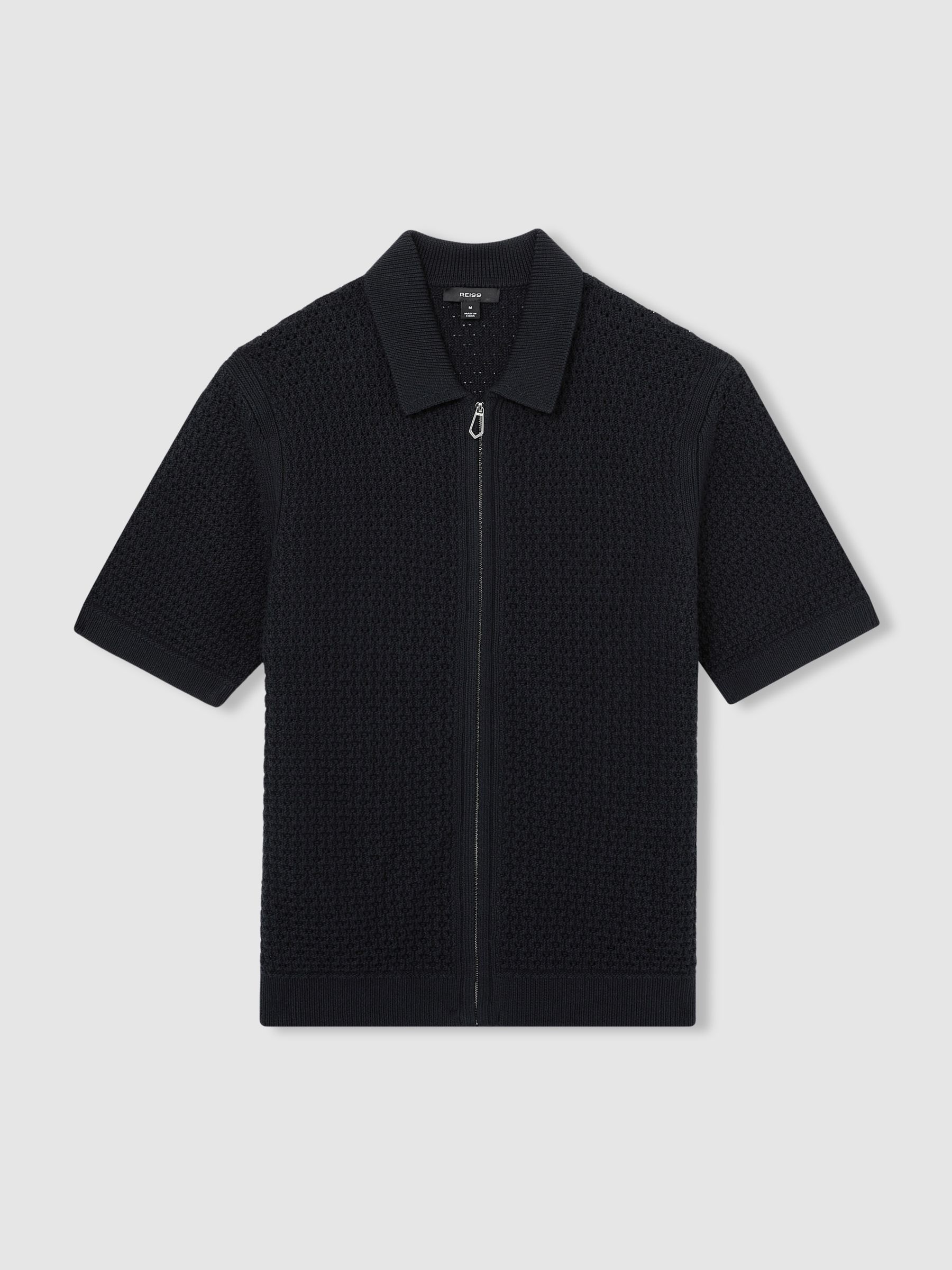 Textured-Knit Zip-Through Shirt in Navy