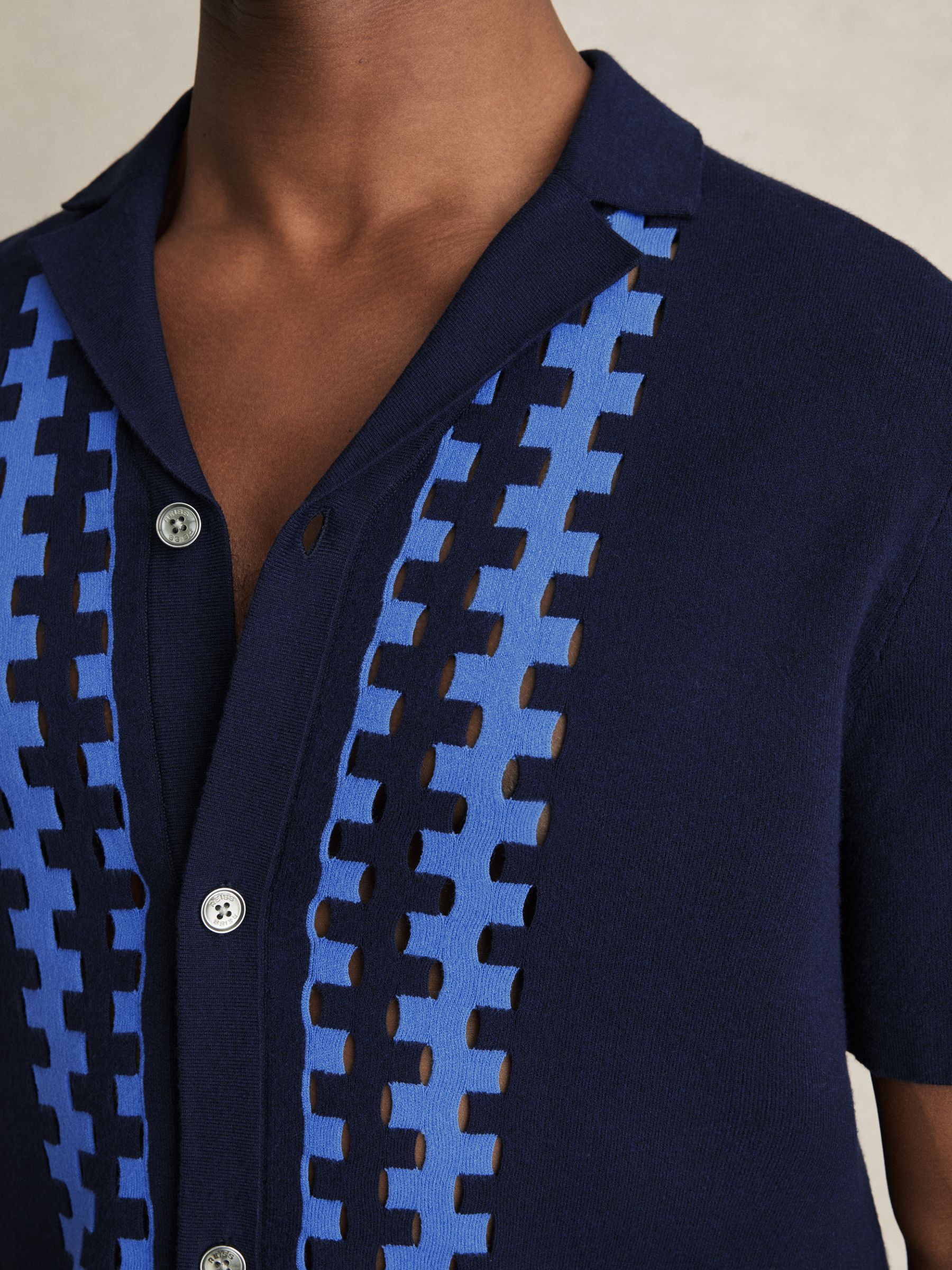 Geometric Cuban-Collar Knit Shirt in Navy/Blue