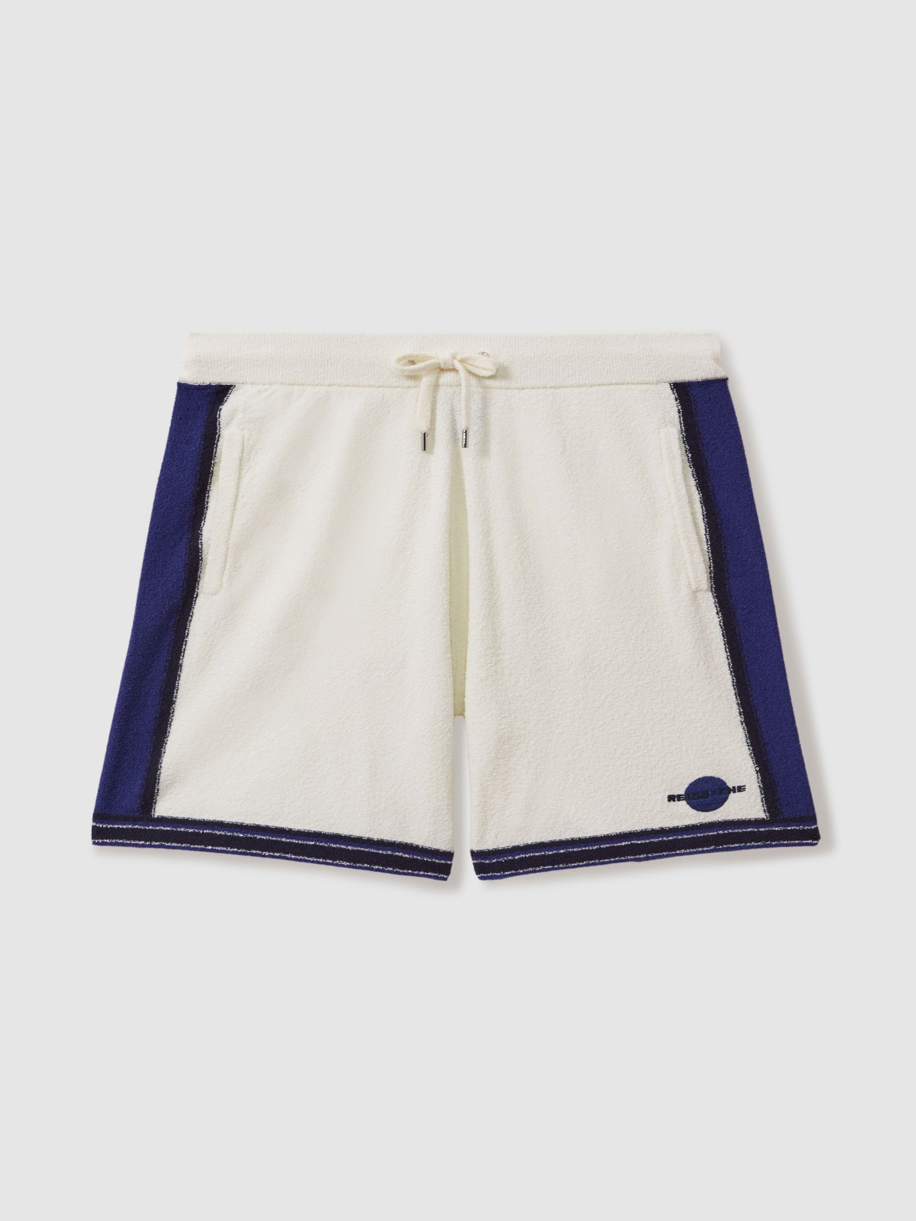 Reiss | Ché Towelling Drawstring Shorts in White/Bright Blue