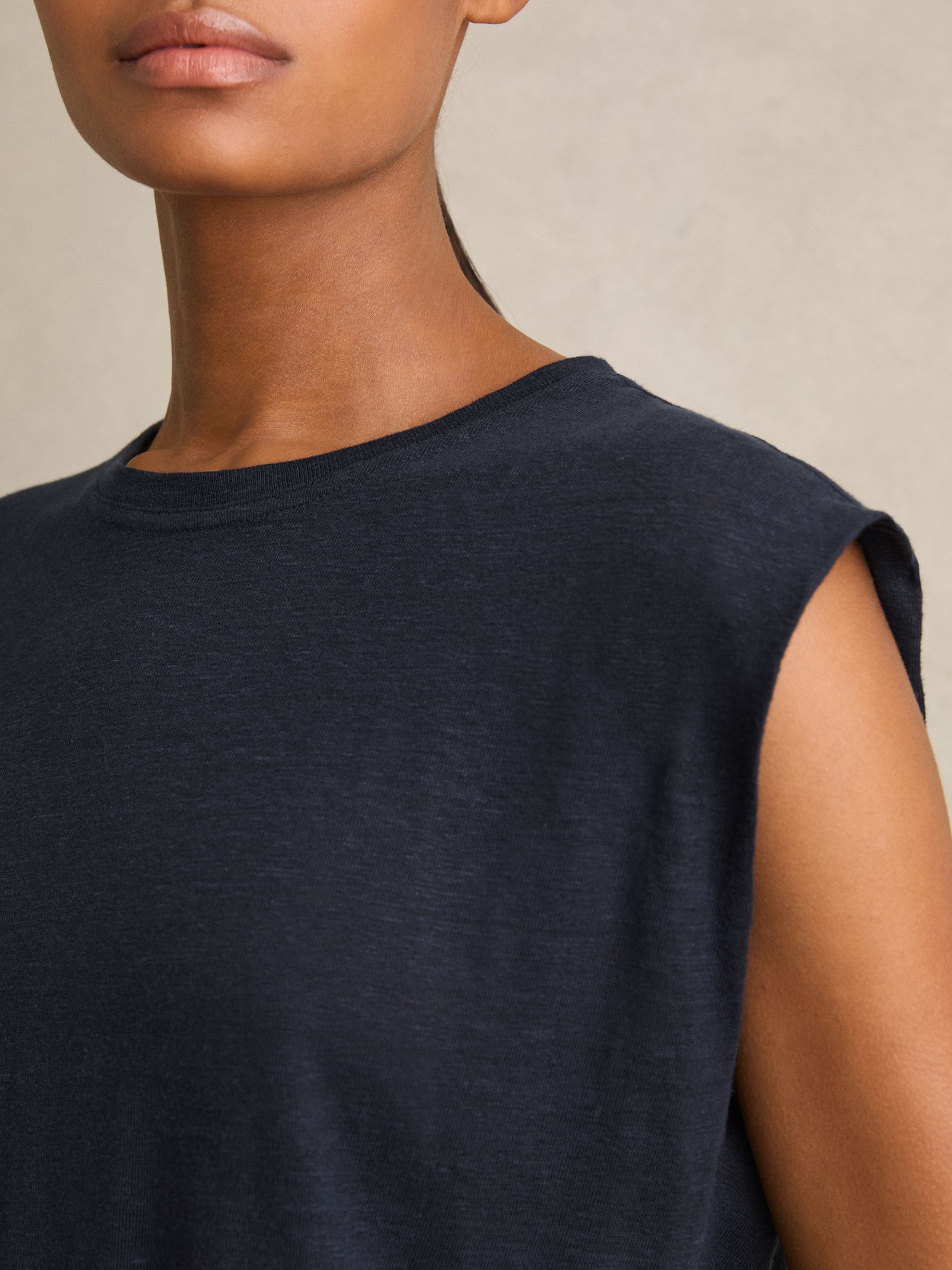 Linen Cap-Sleeve T-Shirt in Navy