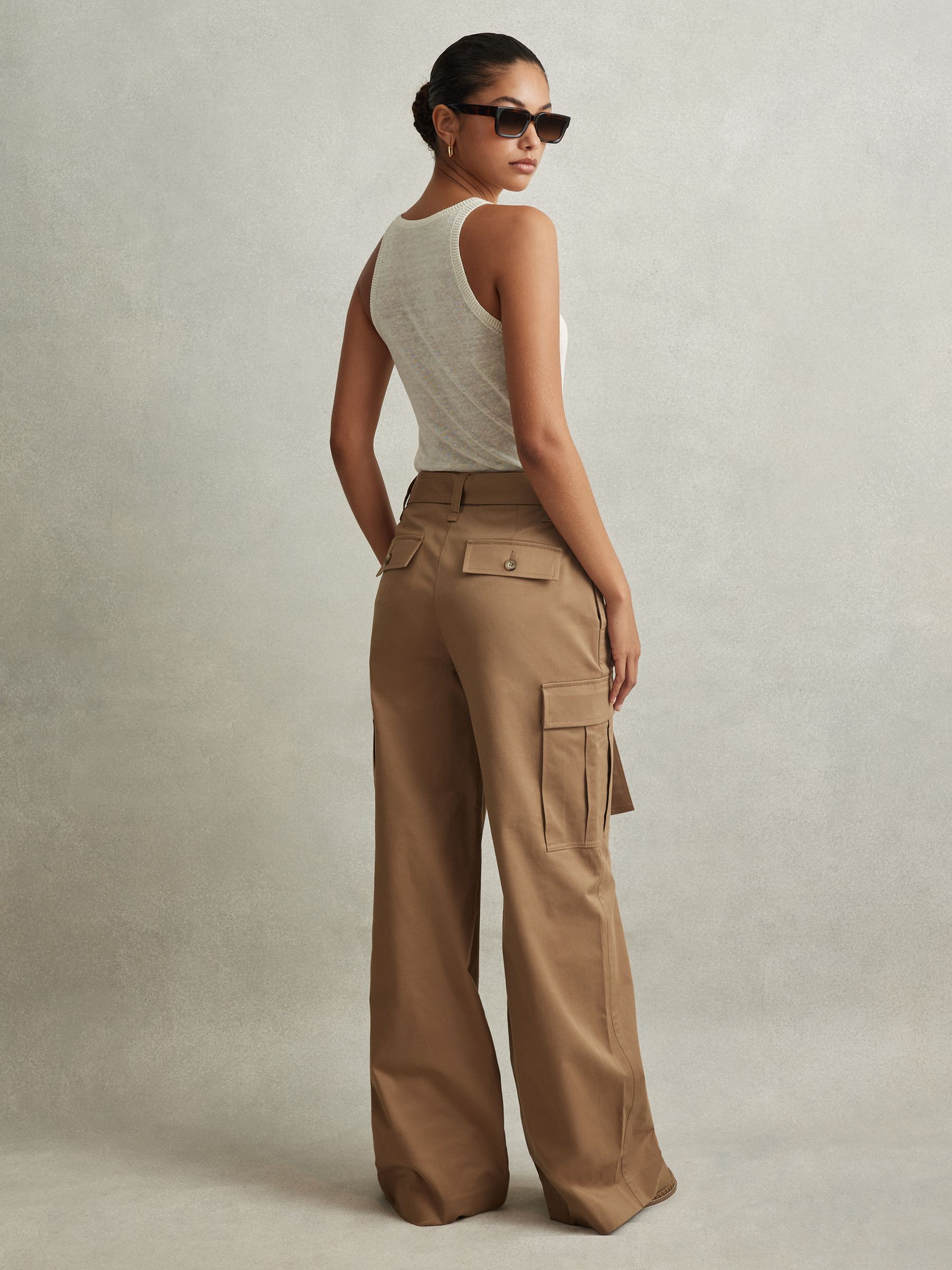 Cotton Blend Wide Leg Cargo Trousers in Camel