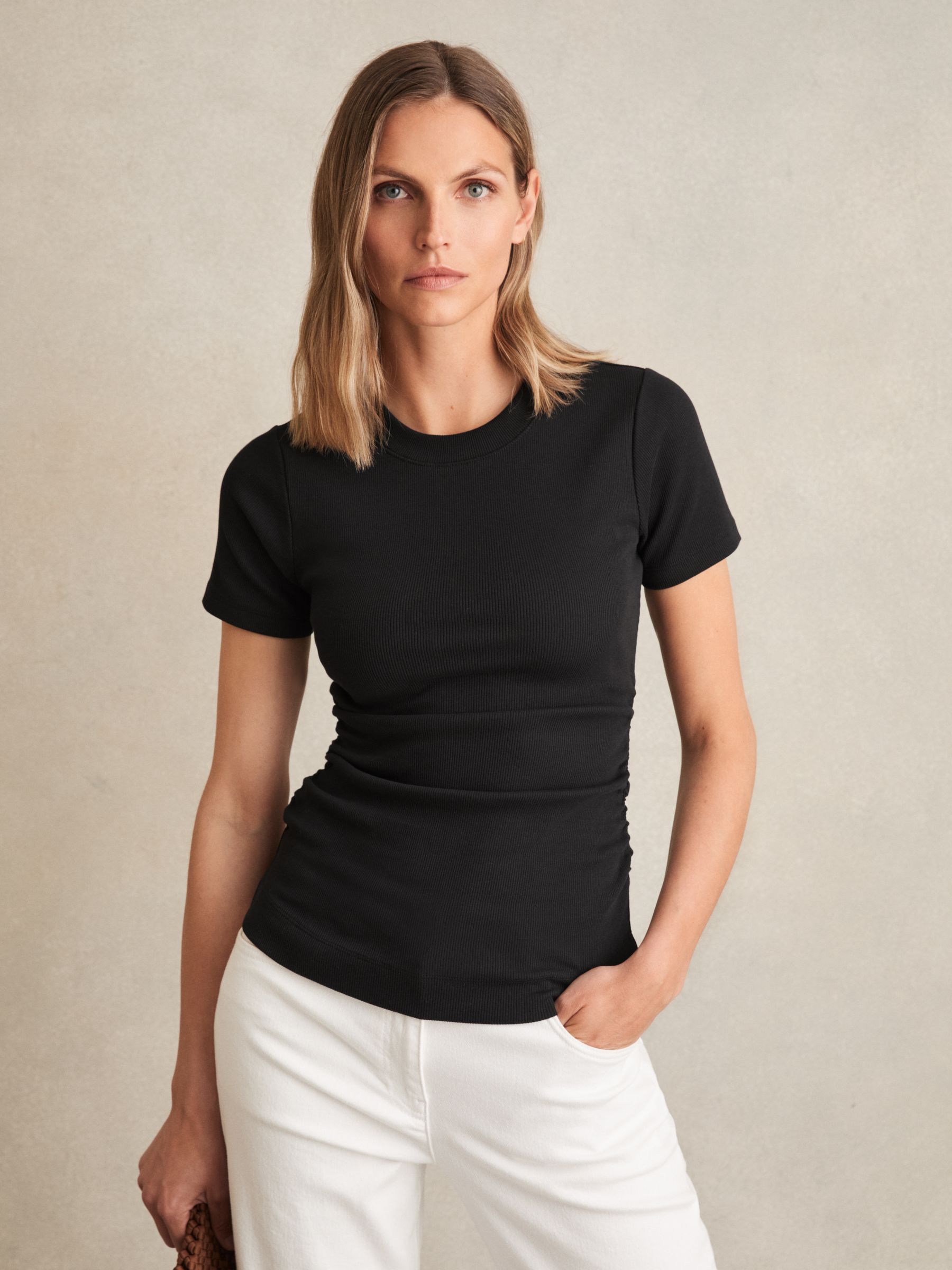 Stretch-Cotton Ruched Ribbed T-Shirt in Black