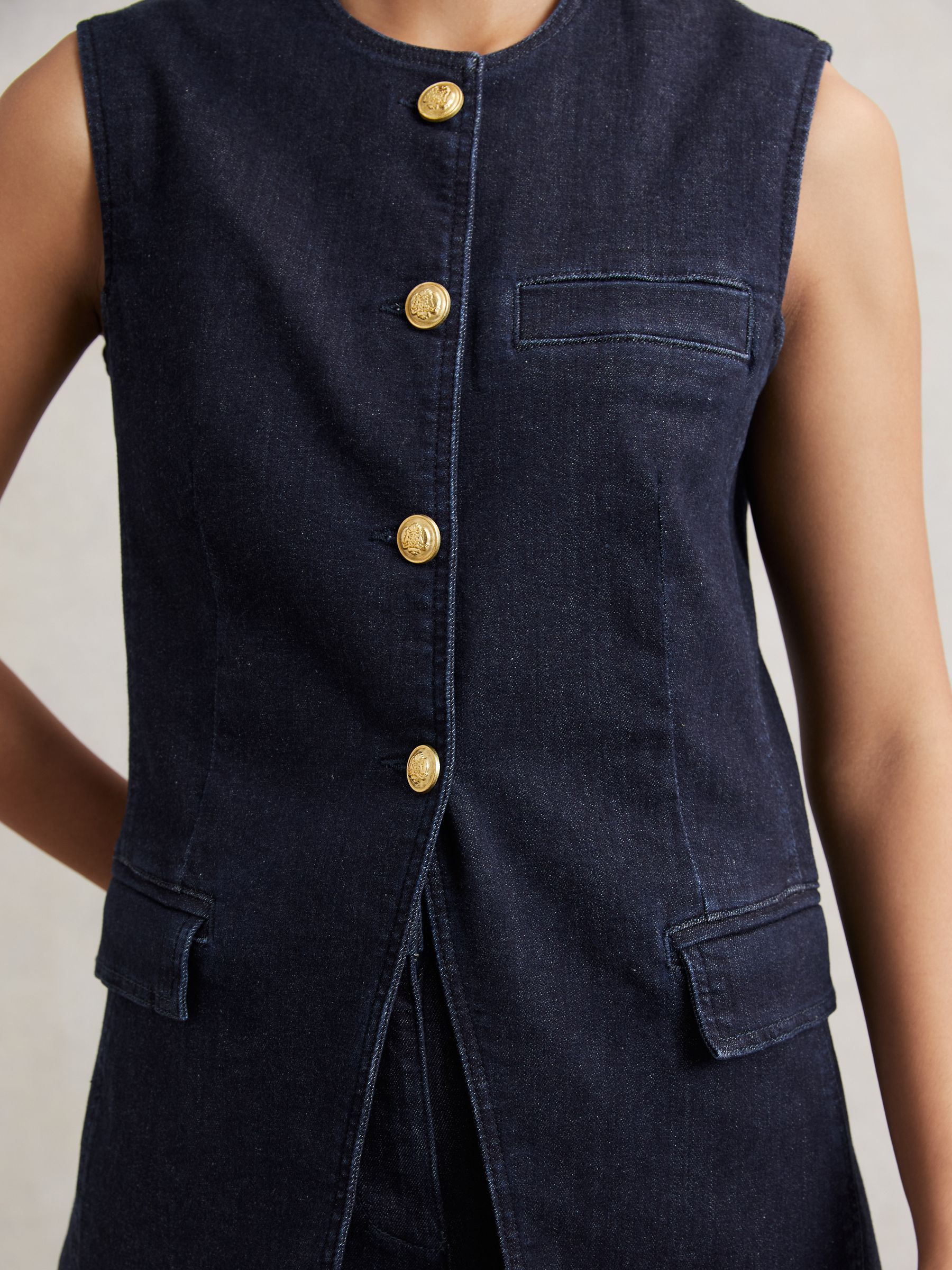 Denim Long-Line Waistcoat in Dark Blue