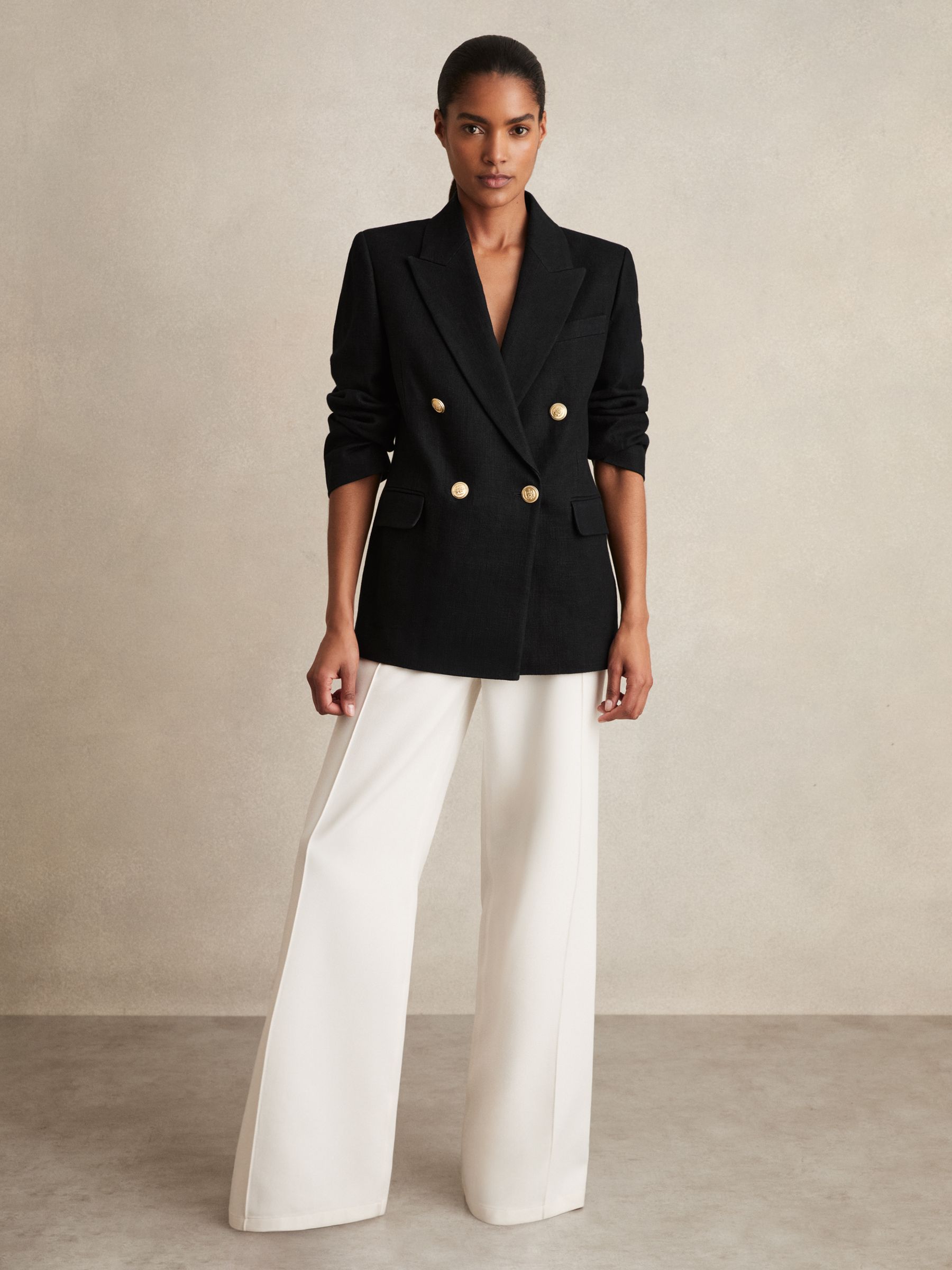 Petite Oversized Double-Breasted Blazer Linen-Blend in Black