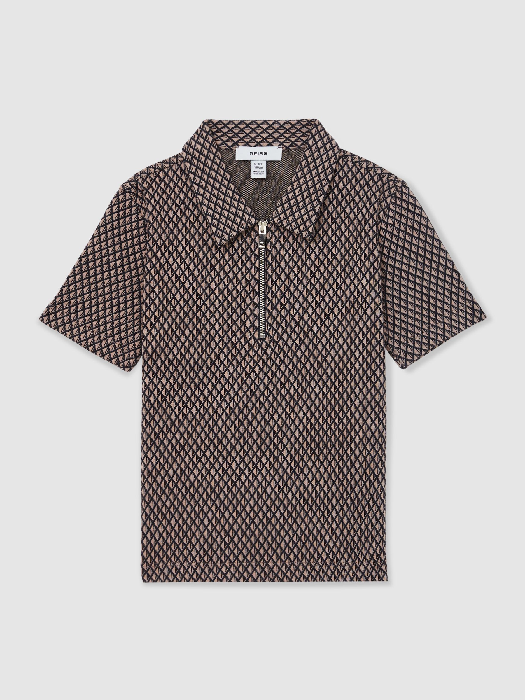 9-13 yrs Geometric Jacquard Polo Shirt in Tobacco Brown/Navy