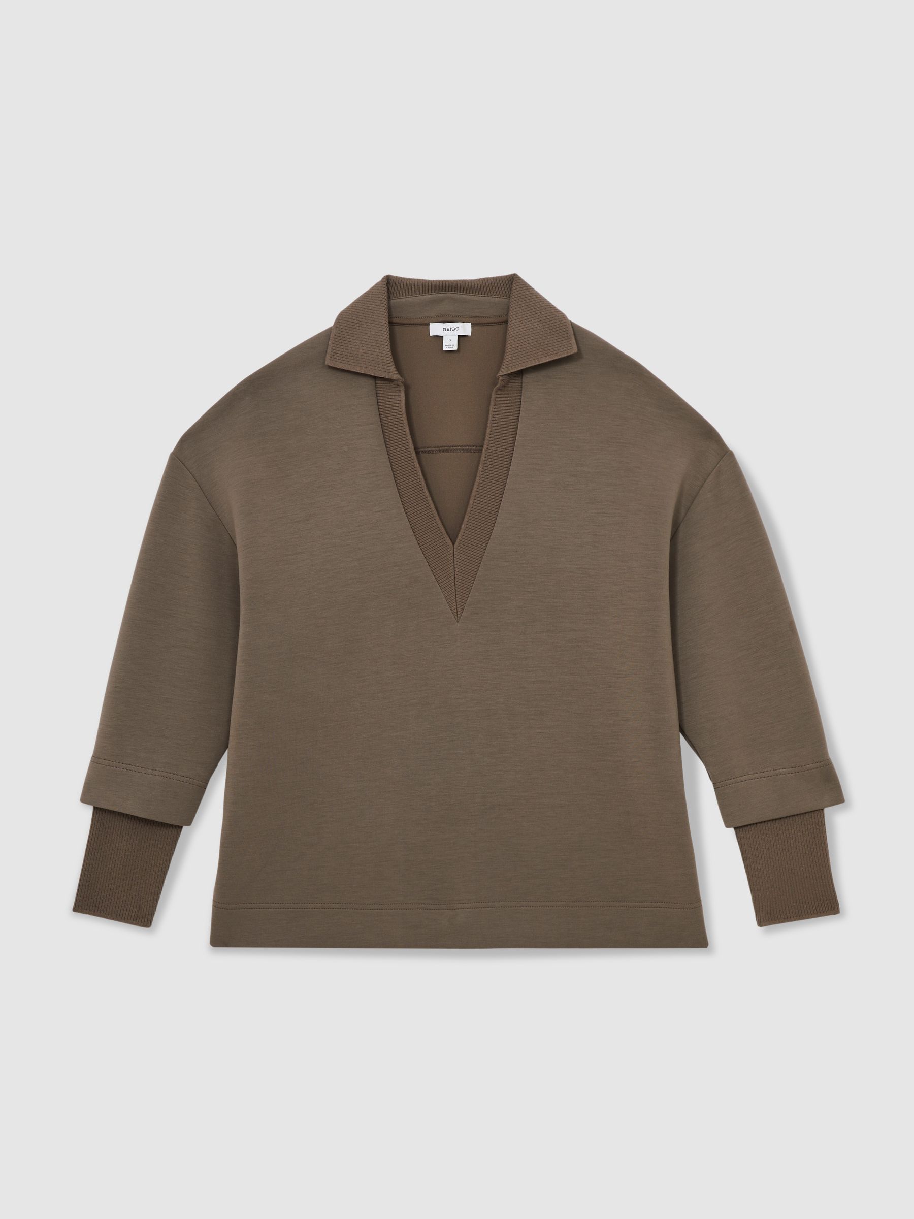 Interlock Open-Collar Sweatshirt in Khaki Green