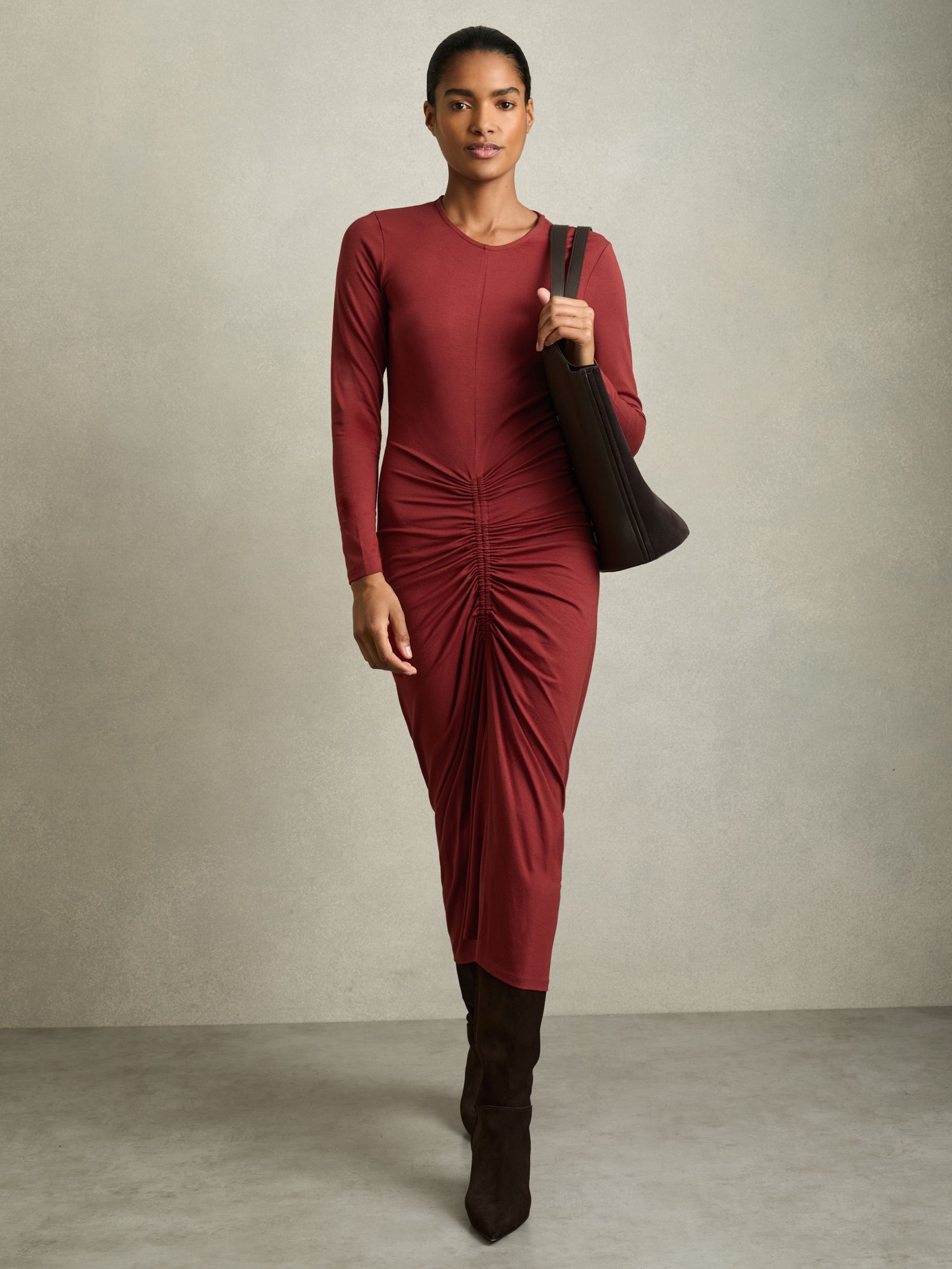 Ruched Jersey Midi Dress in Burgundy