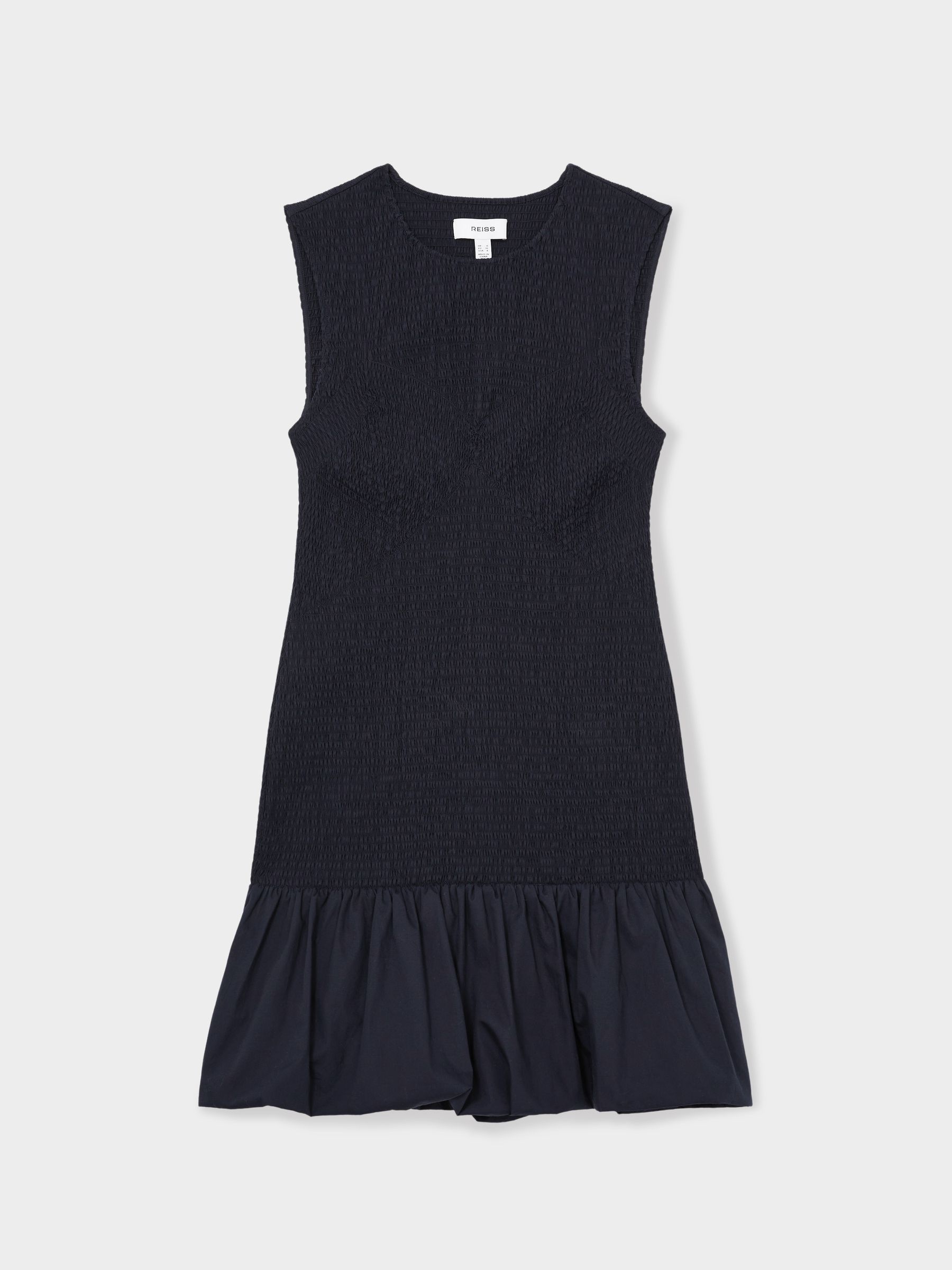 Cotton Shirred Bubble-Hem Mini Dress in Navy