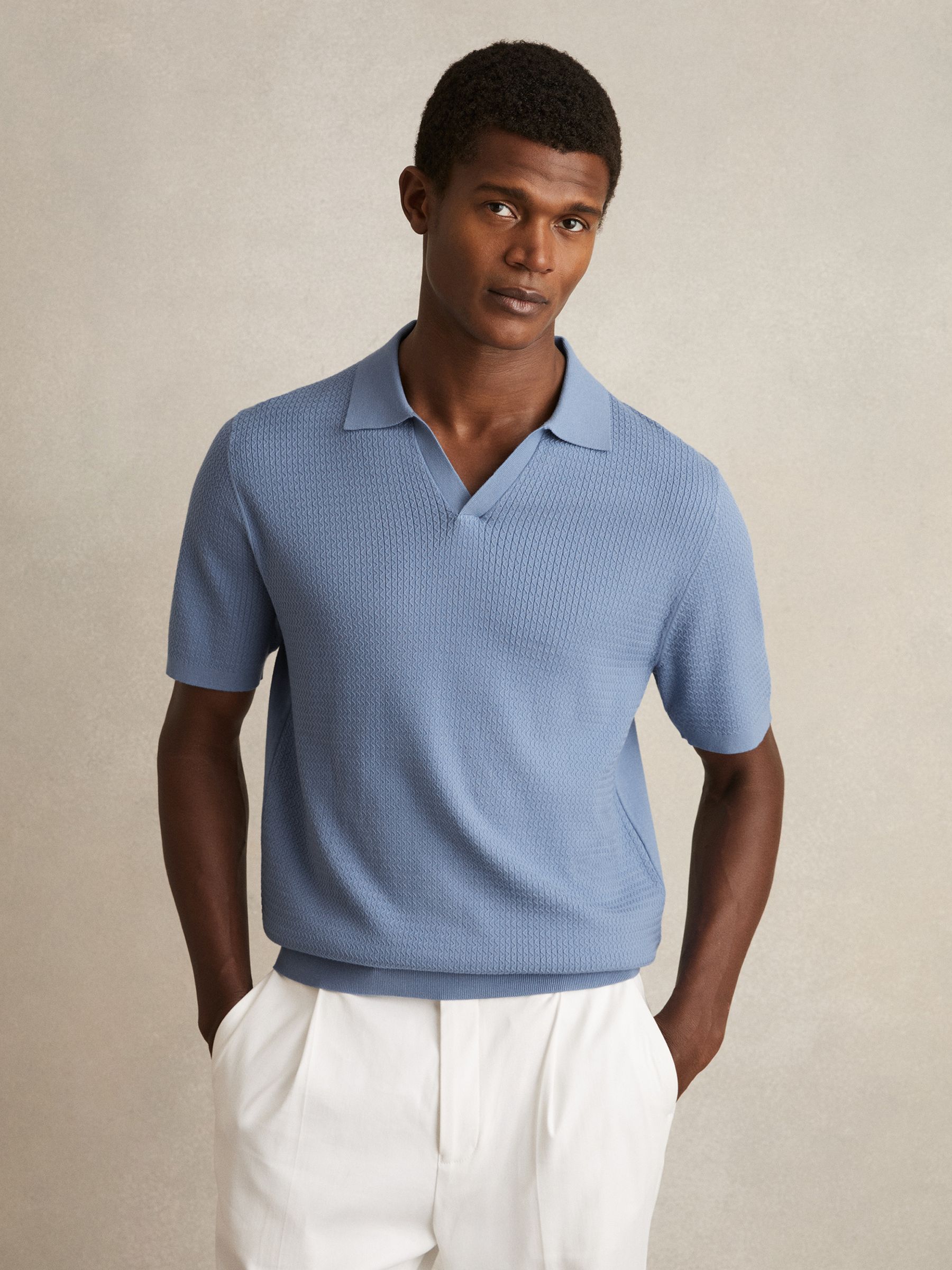 Open-Collar Knit Polo Shirt in Cornflower Blue