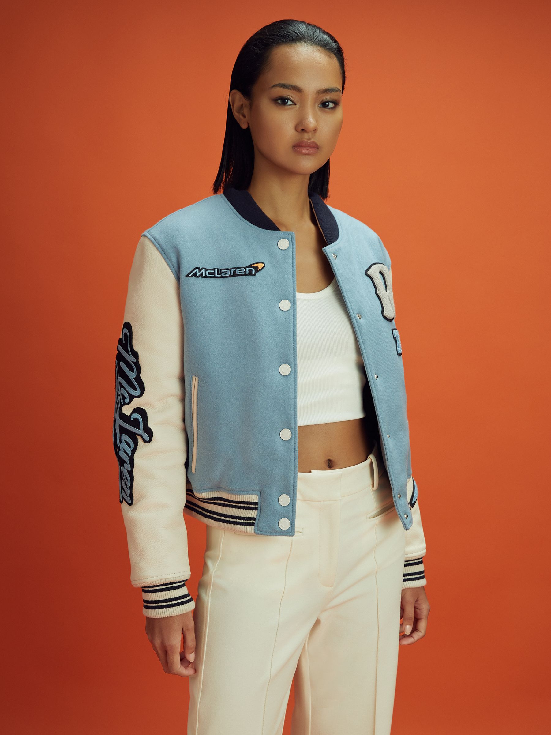 McLaren F1 Leather Varsity Jacket in Soft Blue/Ecru
