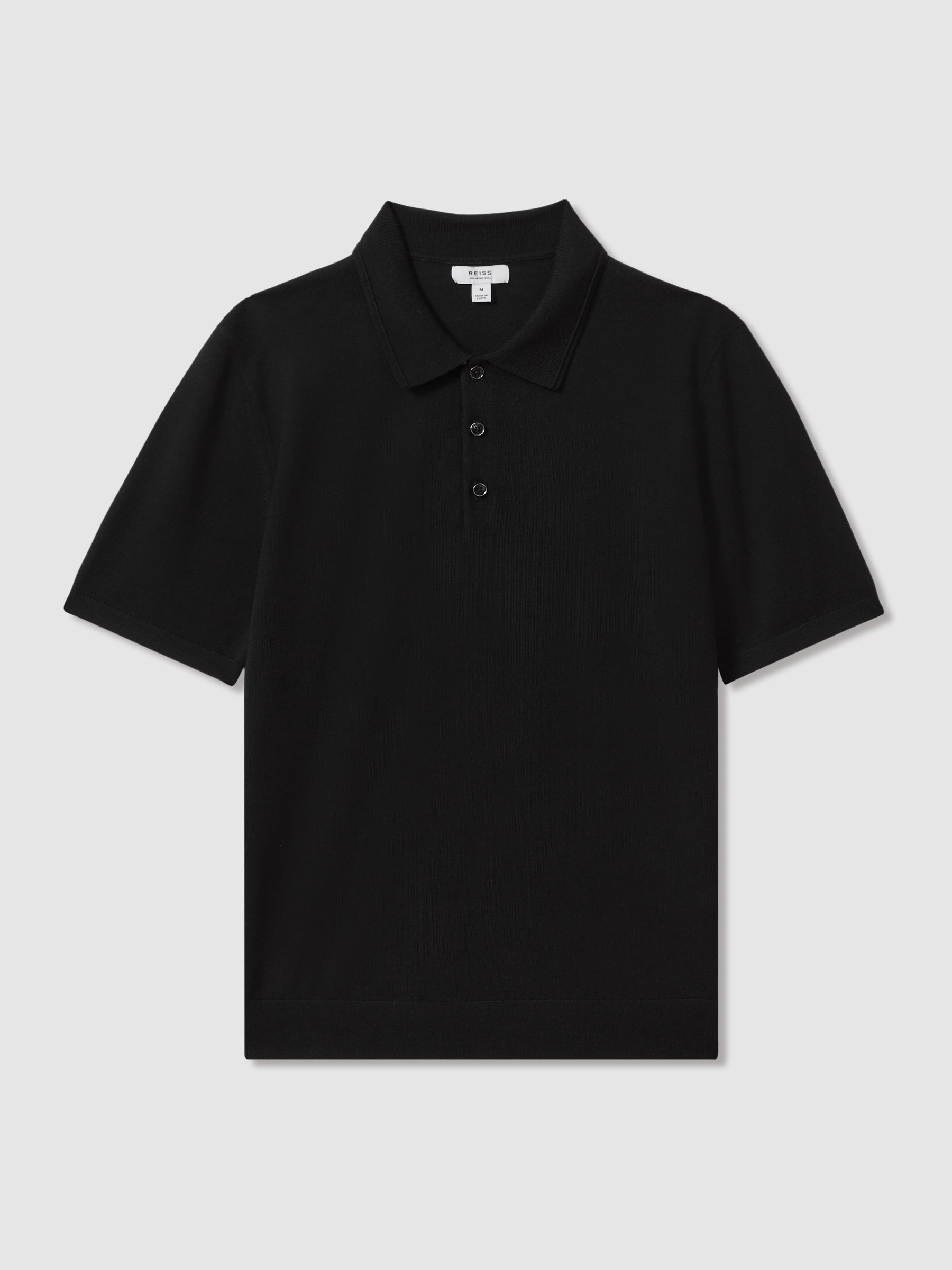 Merino Wool Short-Sleeve Polo Shirt in Black