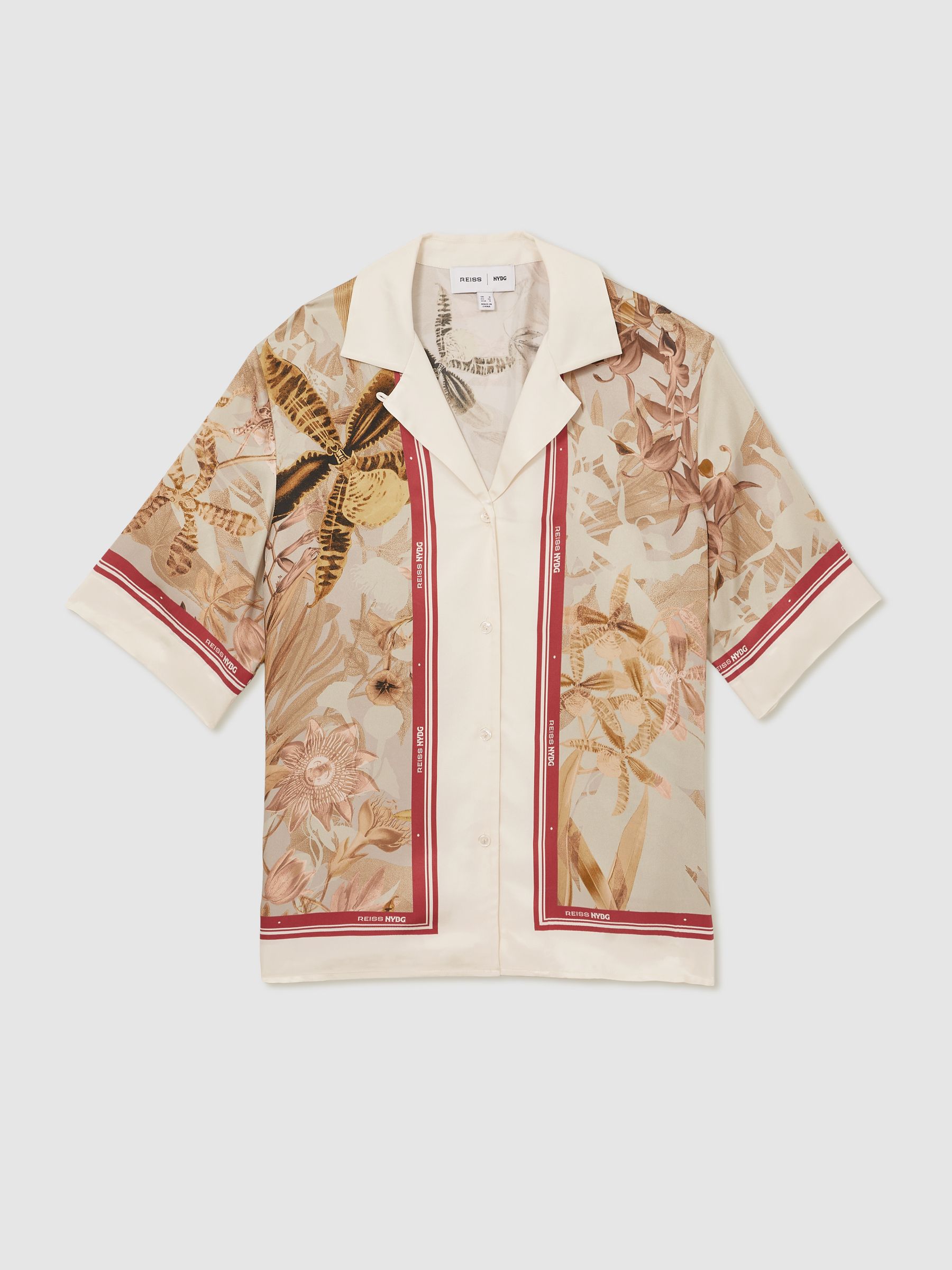 Reiss | NYBG Satin Floral-Print Shirt in Light Khaki