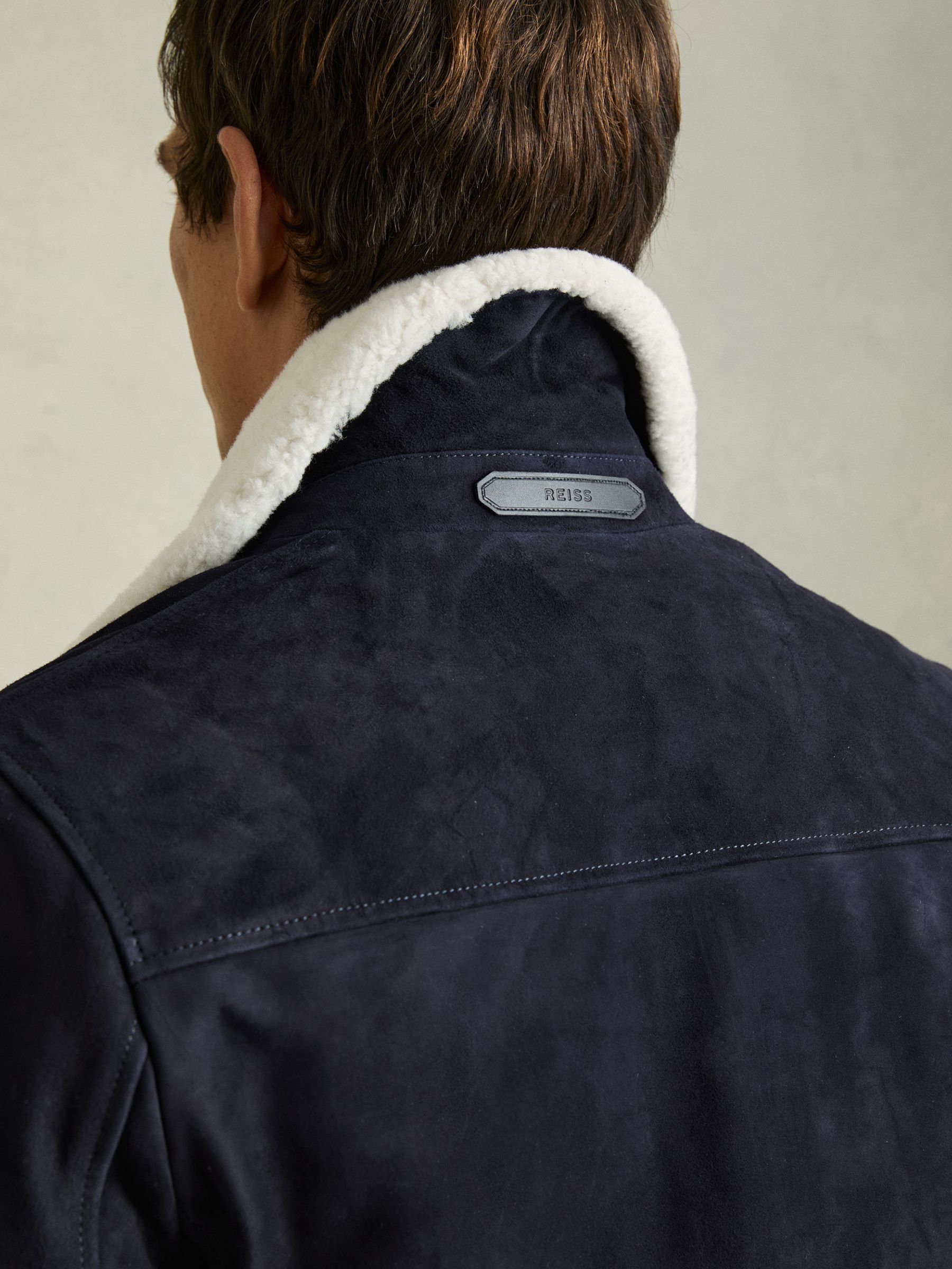 Suede Shearling-Collar Jacket in Navy