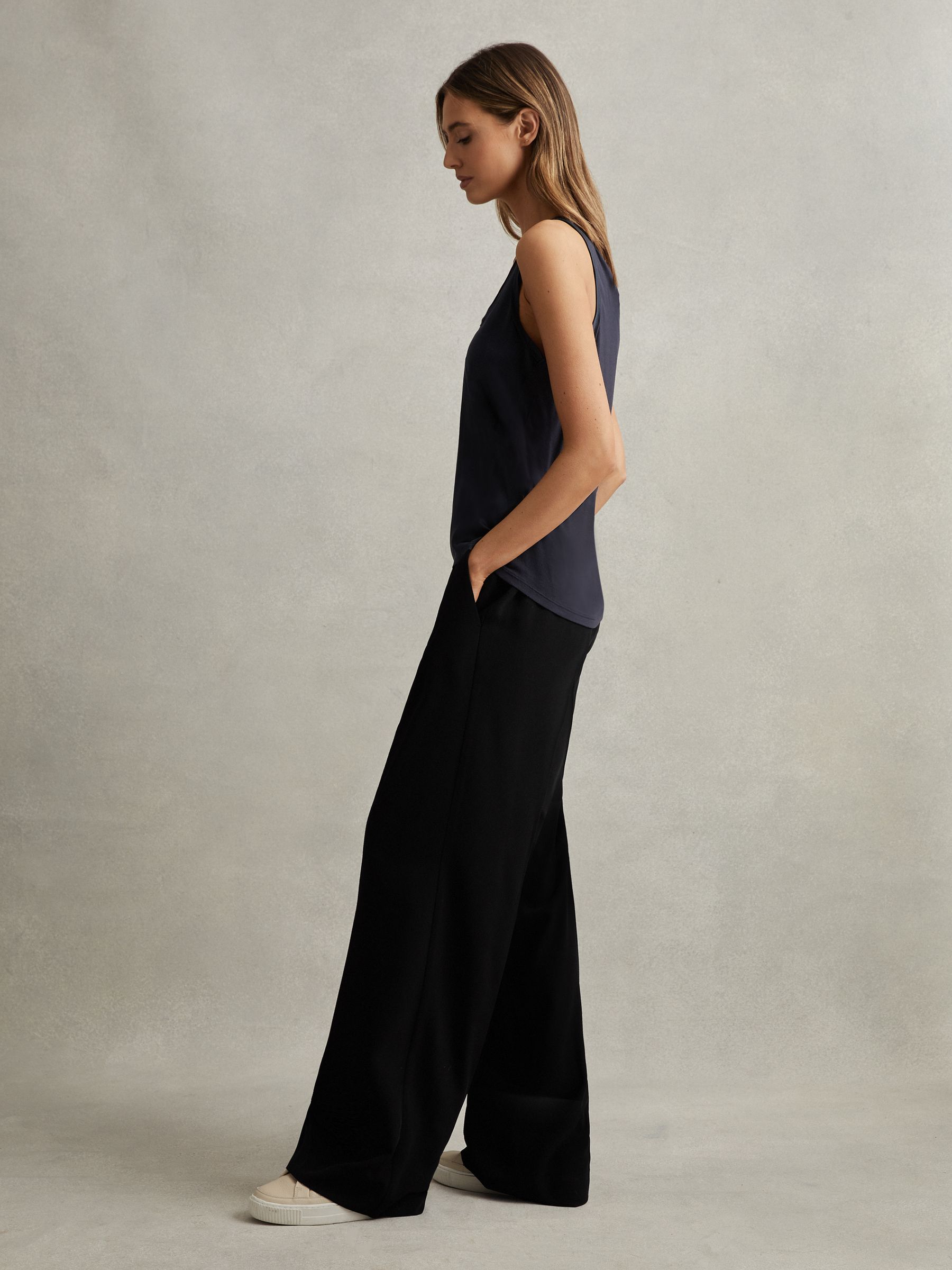 Petite Half-Elasticated Wide Leg Trousers in Black