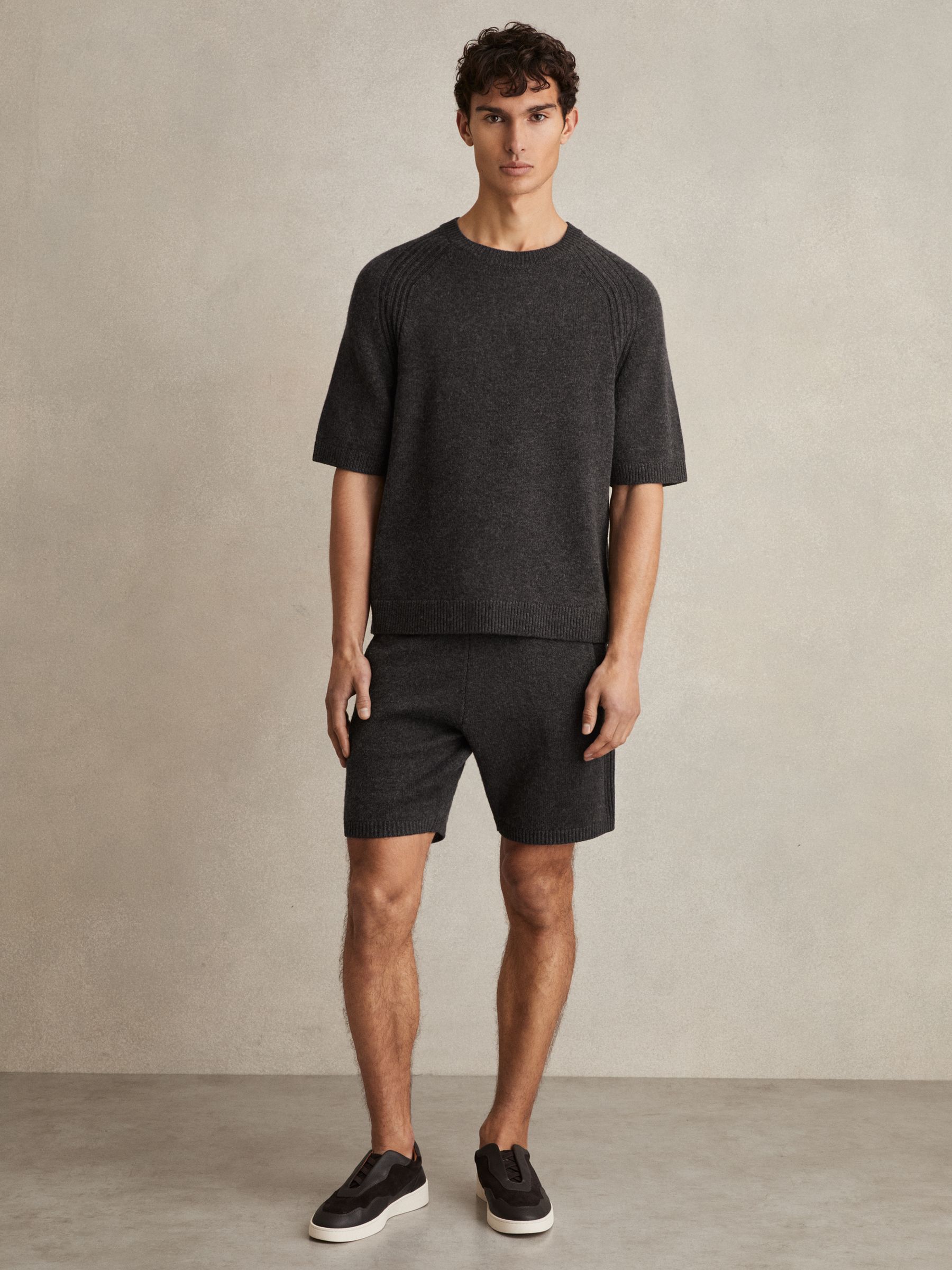 Wool Blend Heavy Knit T-Shirt in Charcoal Melange