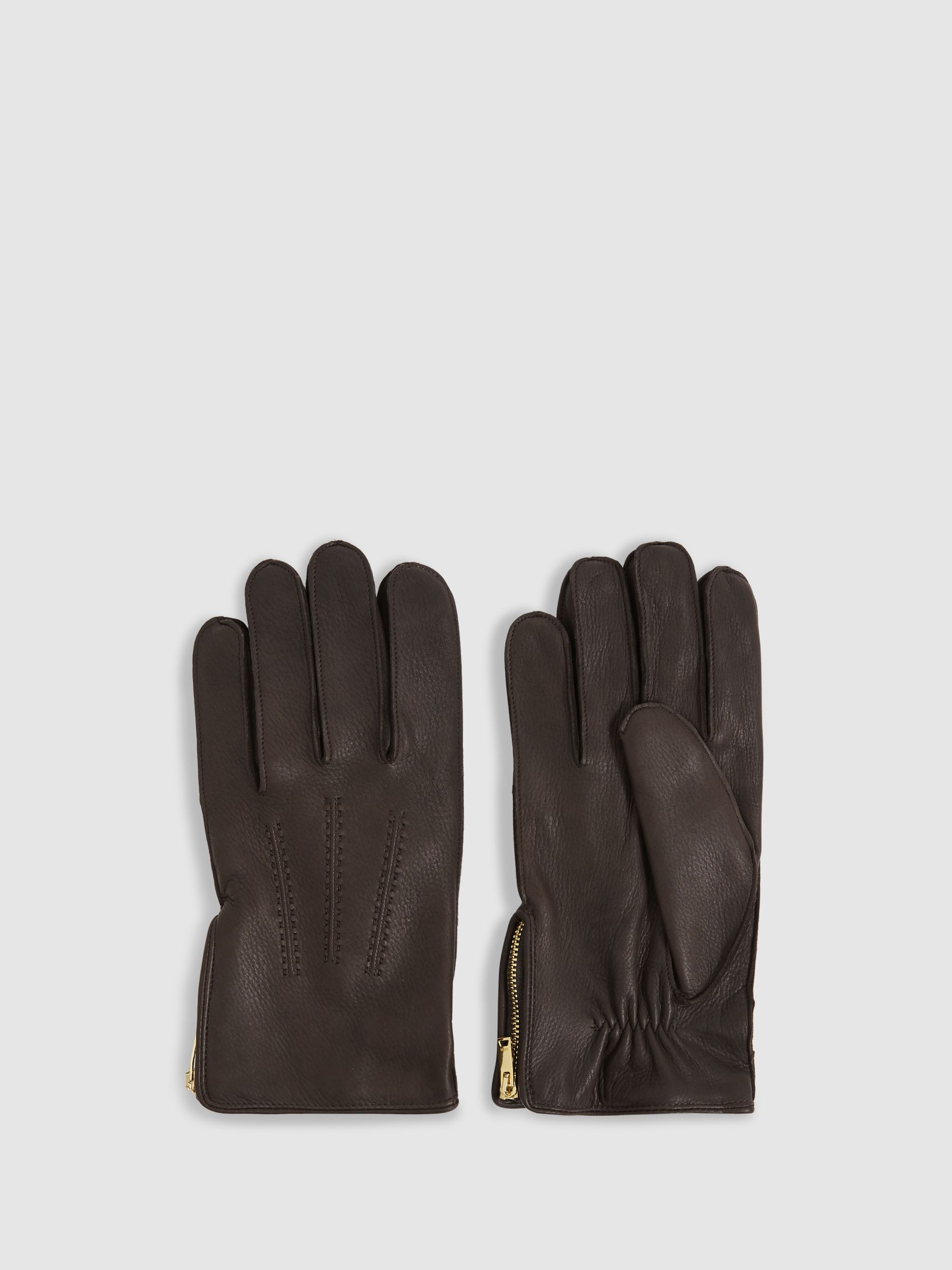Leather Zip-Side Gloves in Dark Brown