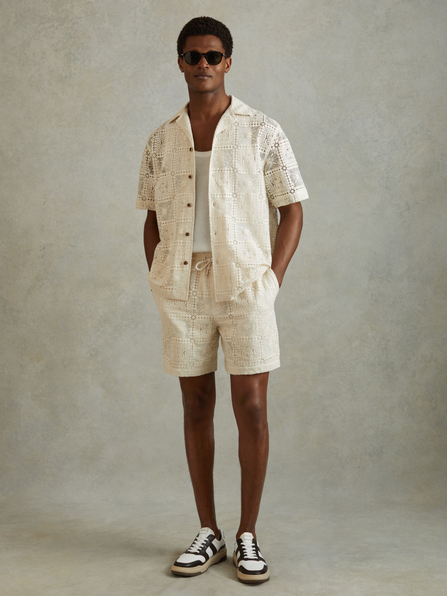 Crochet Cuban-Collar Shirt in Ecru