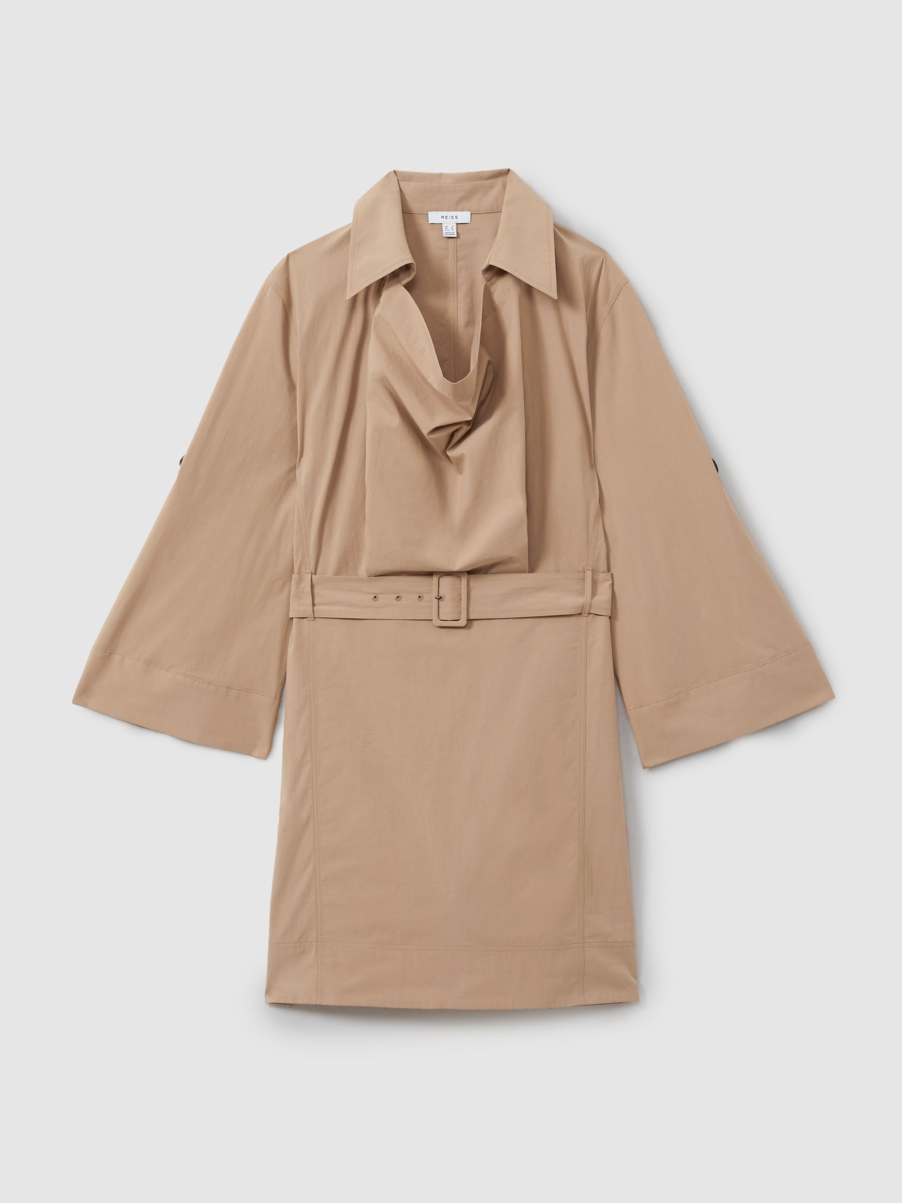 Cotton Blend Collared Cowl Neck Mini Dress in Stone