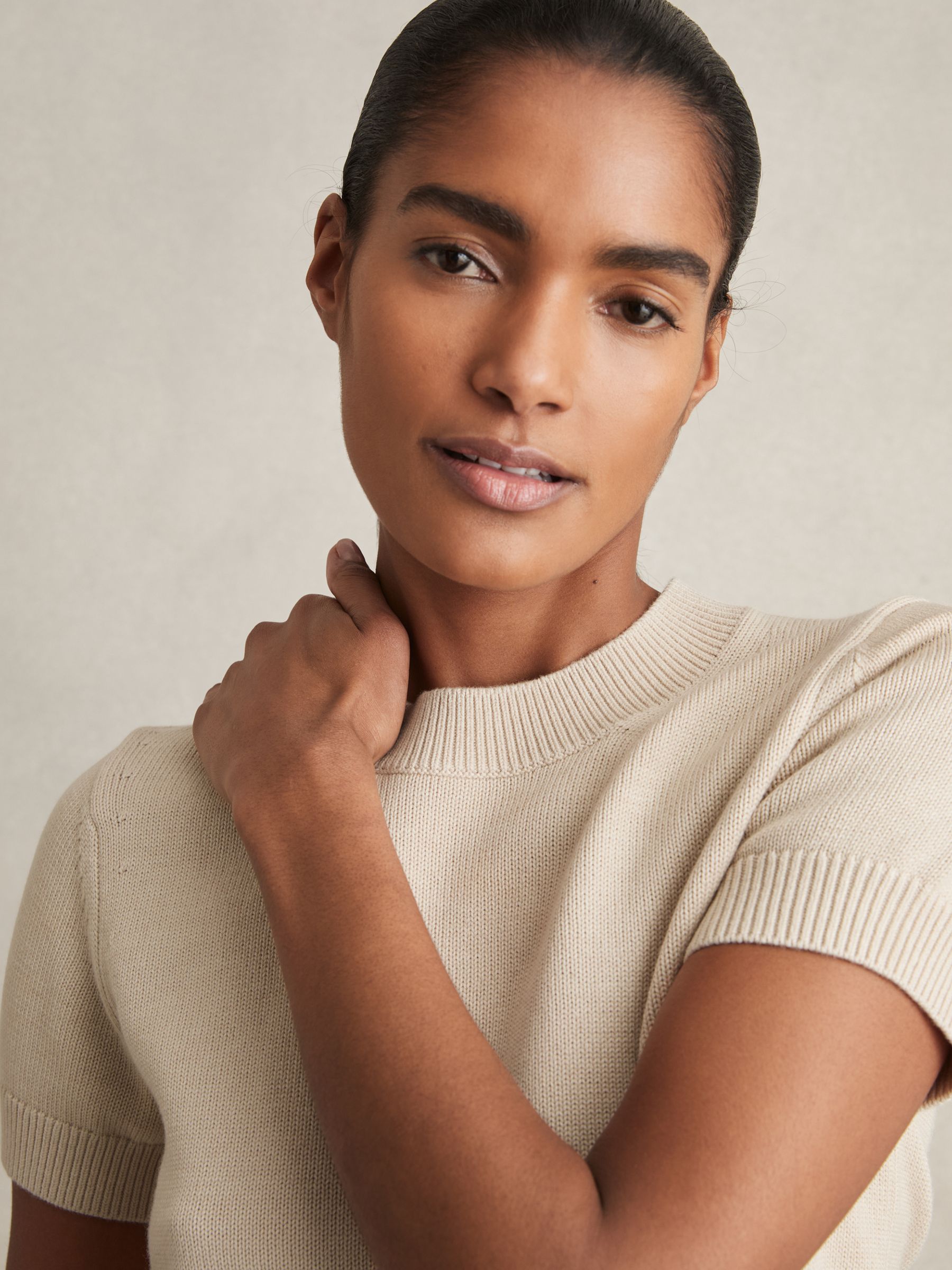 Cotton And Wool Crew-Neck Top in Neutral