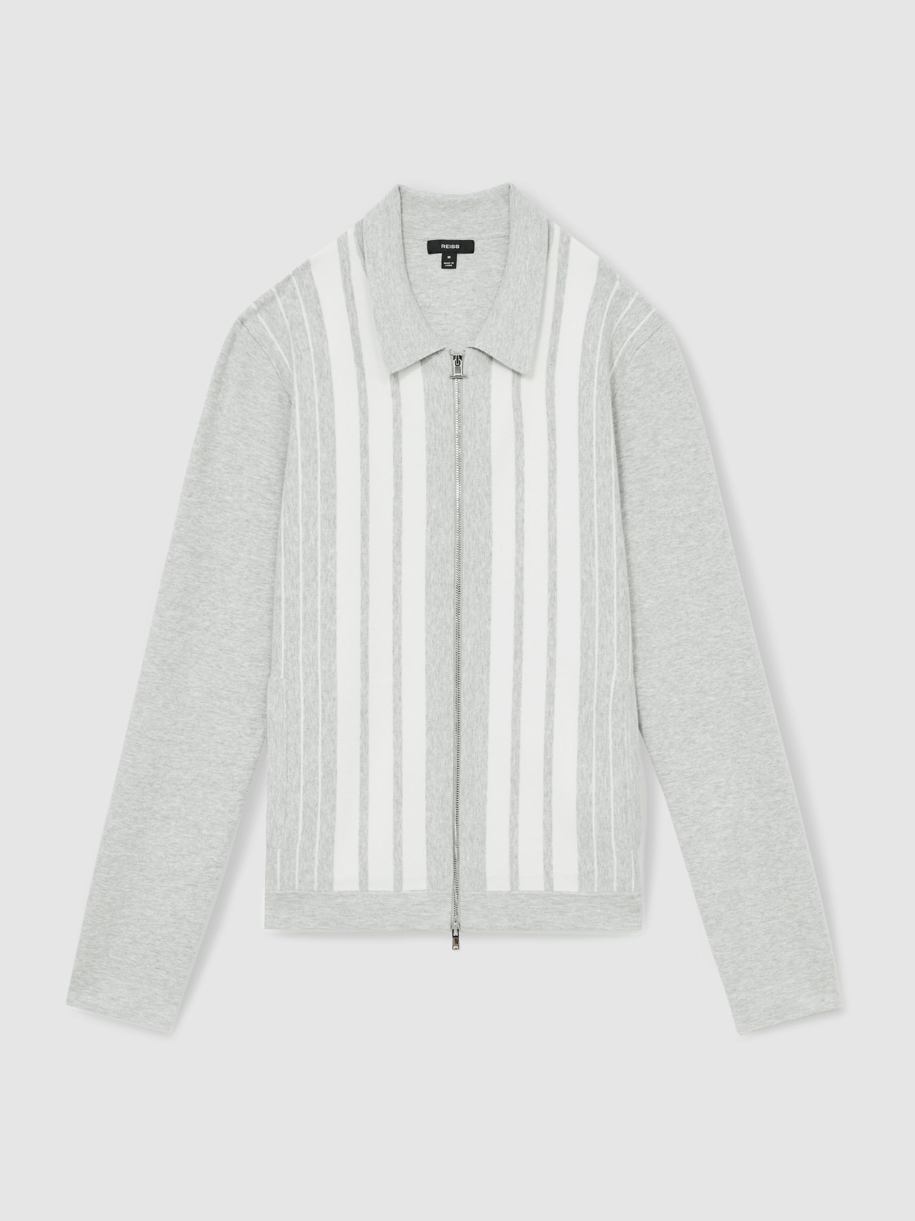 Striped Zip Through Knitted Jacket in Grey Melange/White
