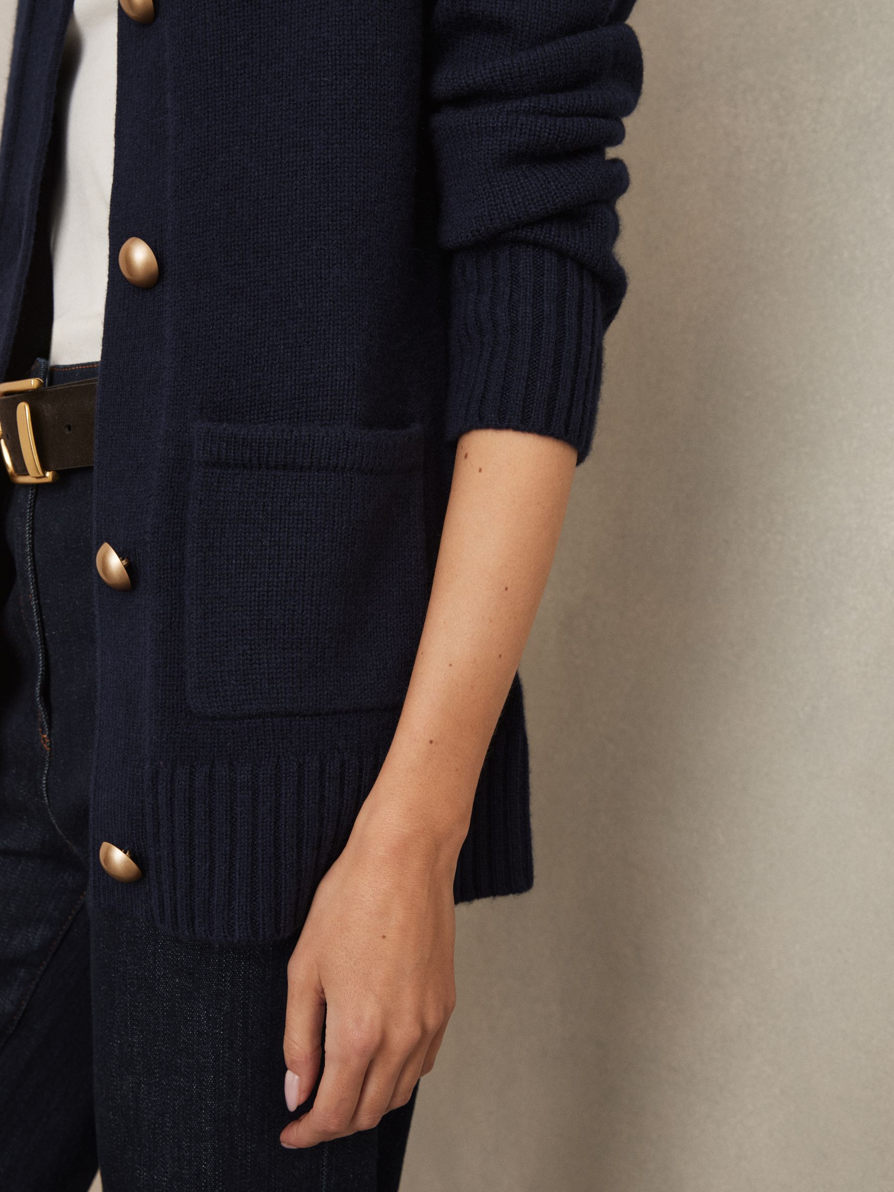 Wool-Cashmere Spread Collar Cardigan in Navy