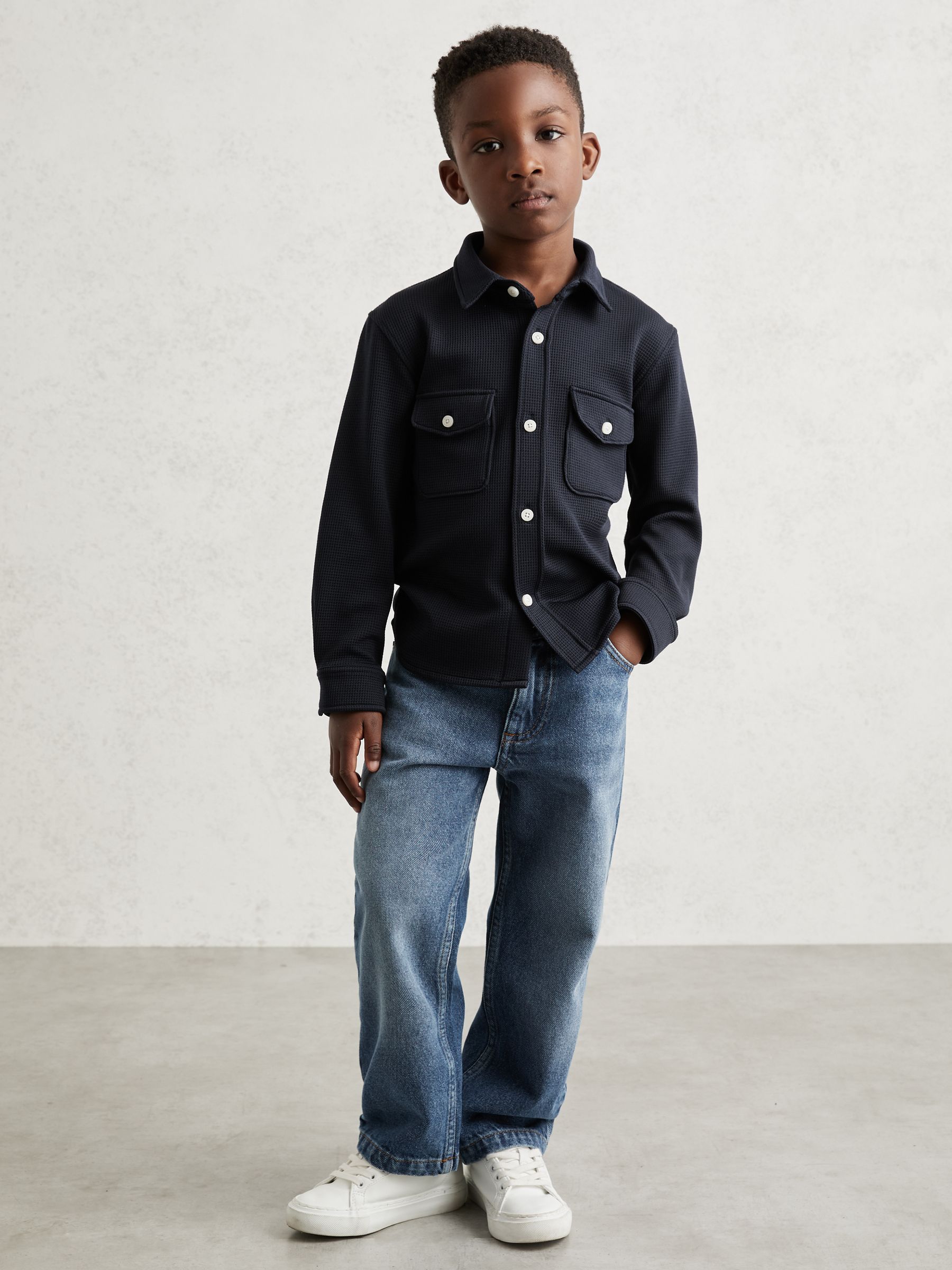 9-13 yrs Waffle-Textured Twin-Pocket Overshirt in Navy