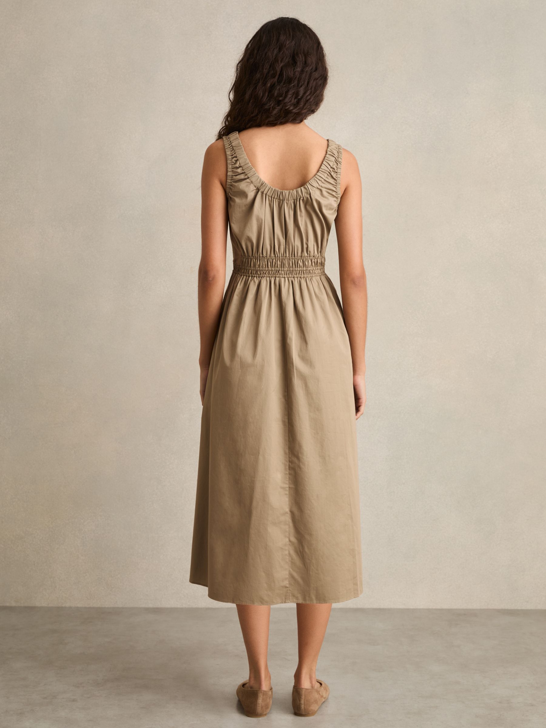 Petite Cotton Craft-Stitch Shirred Midi Dress in Khaki