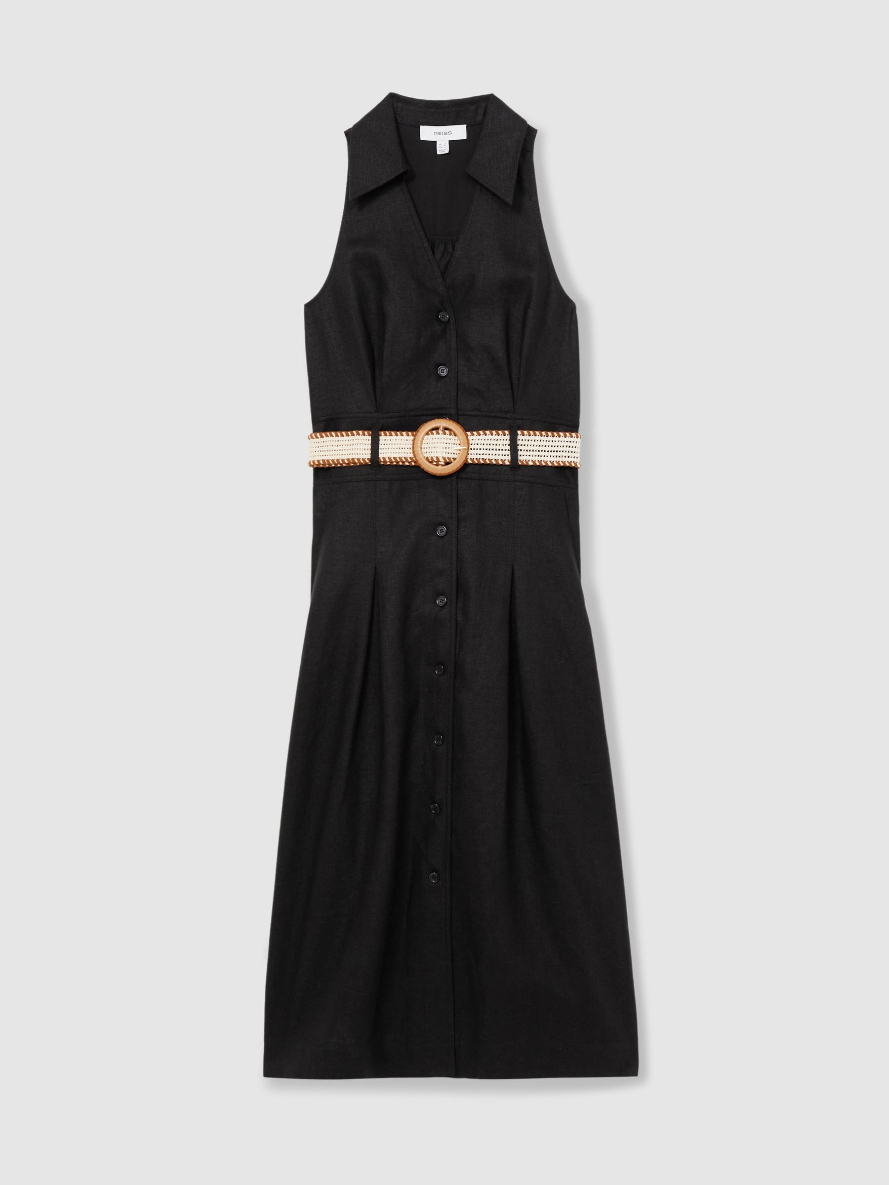 Linen Belted Sleeveless Midi Dress in Black