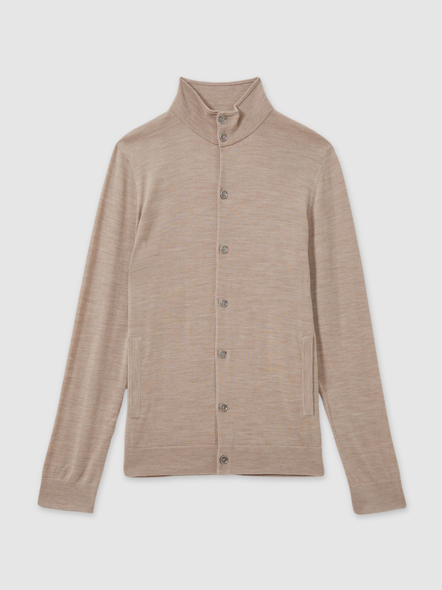 Merino Wool Button-Through Funnel Neck Cardigan in Wheat Melange
