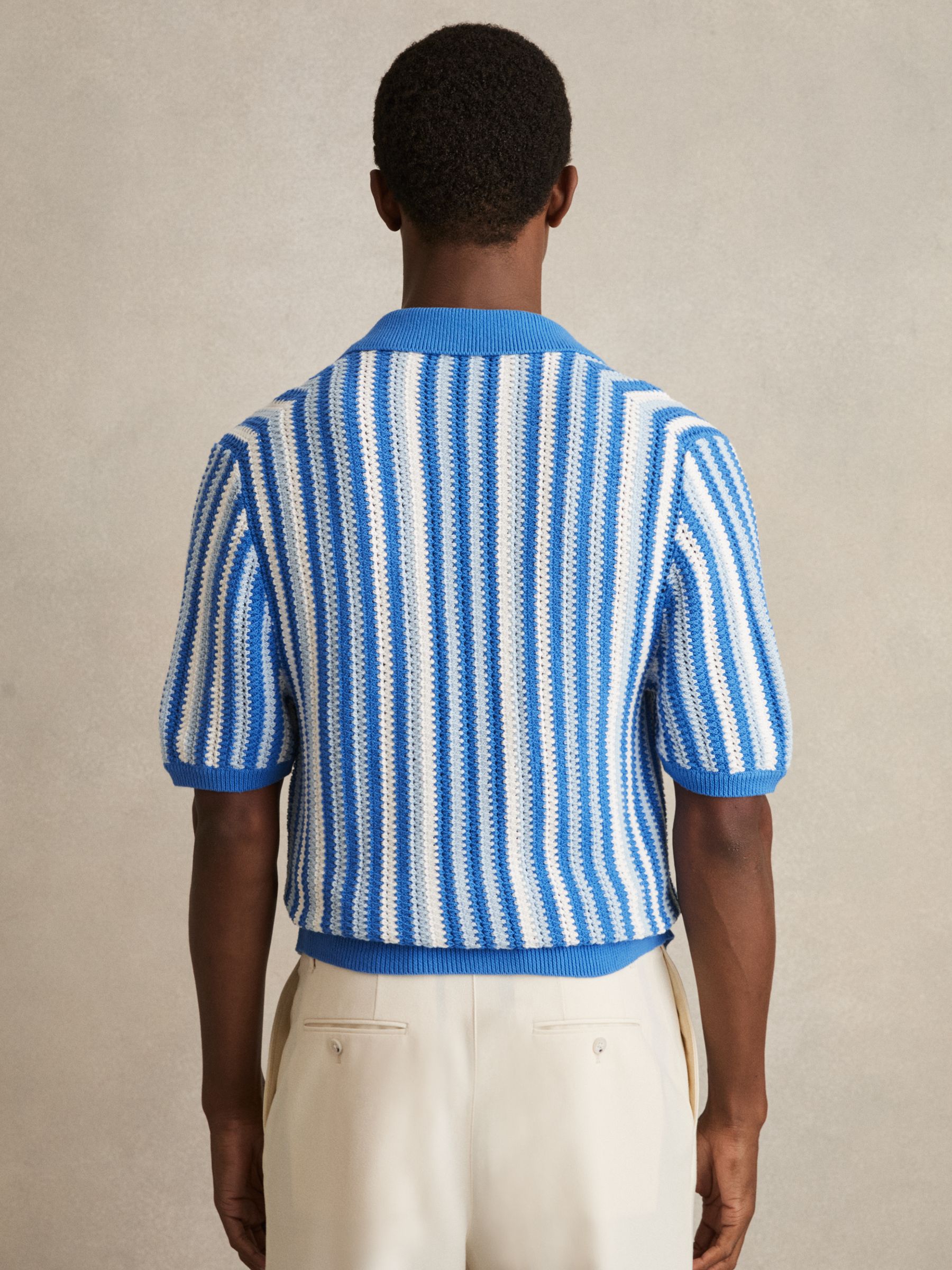 Cotton Crochet Stripe Cuban Shirt in Blue Multi