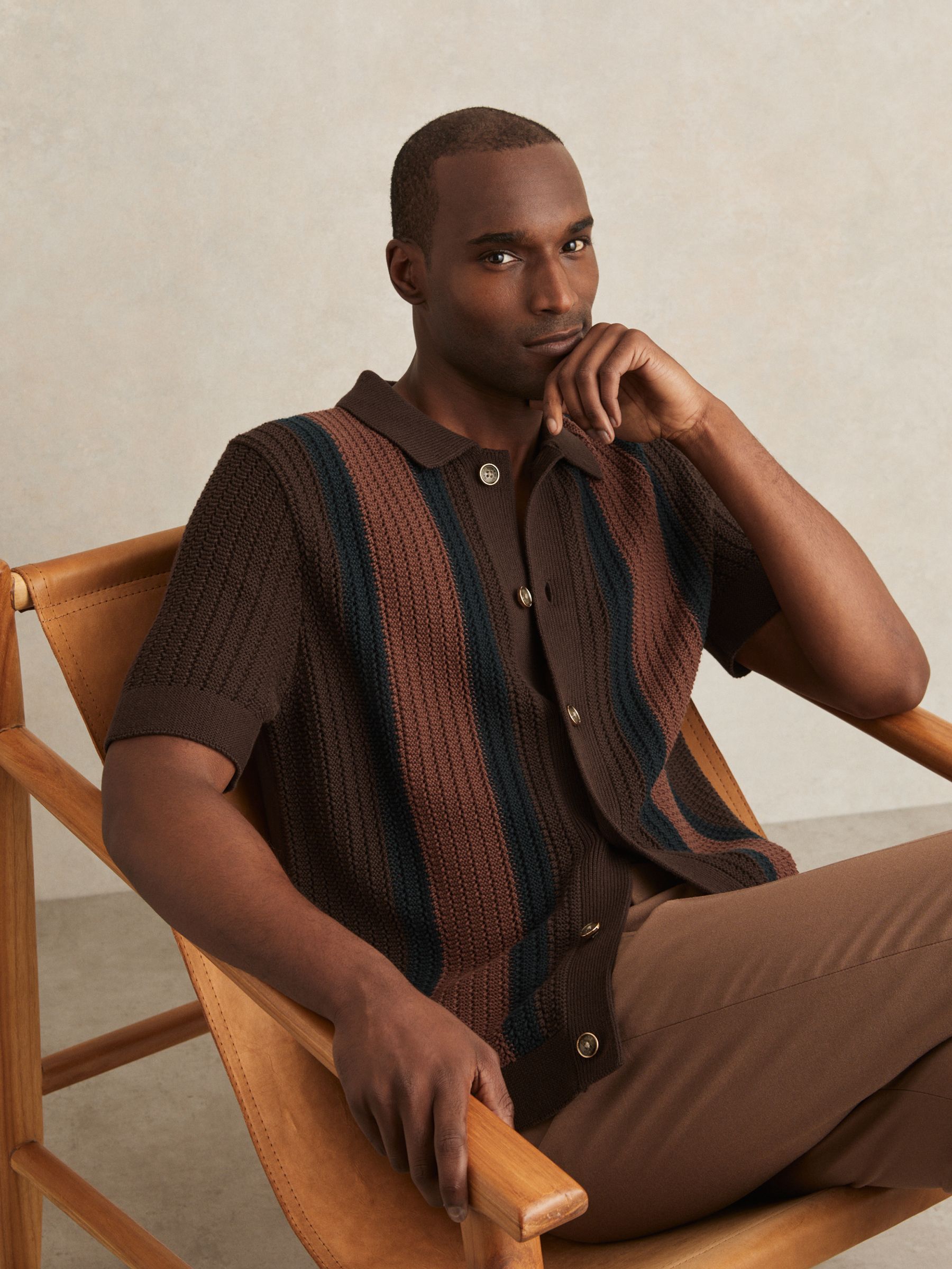 Cotton Textured-Knit Stripe Shirt in Brown Multi