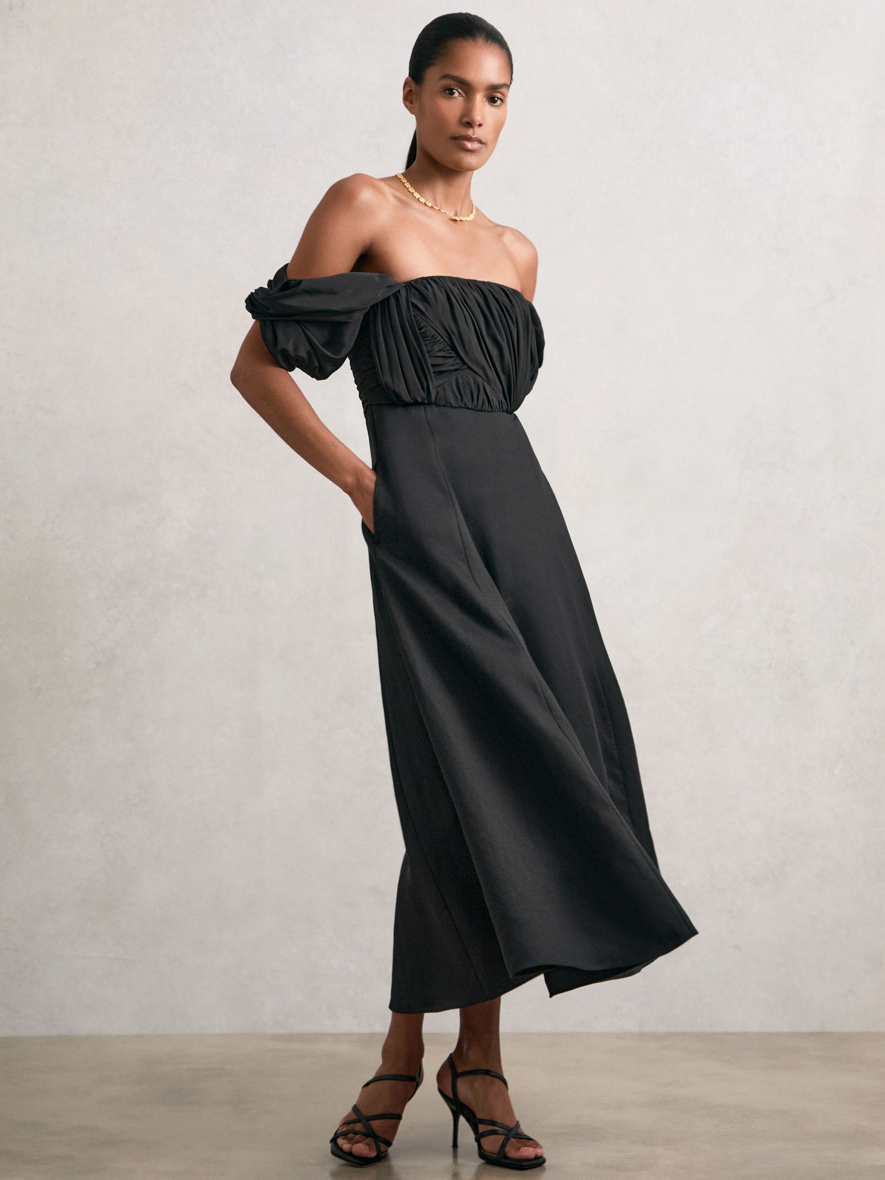 Bardot Sculpted Bodice Midi Dress With Linen in Black