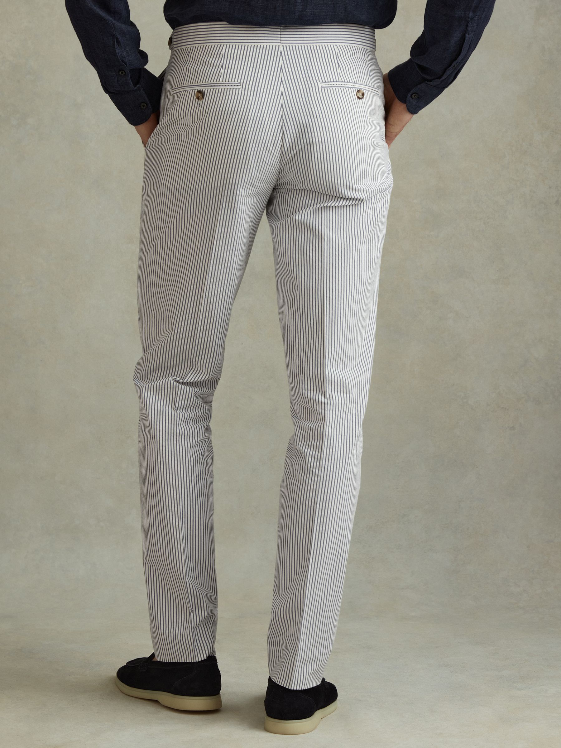 Barr Soft Blue/White Cotton Seersucker Adjuster Slim Fit Trousers
