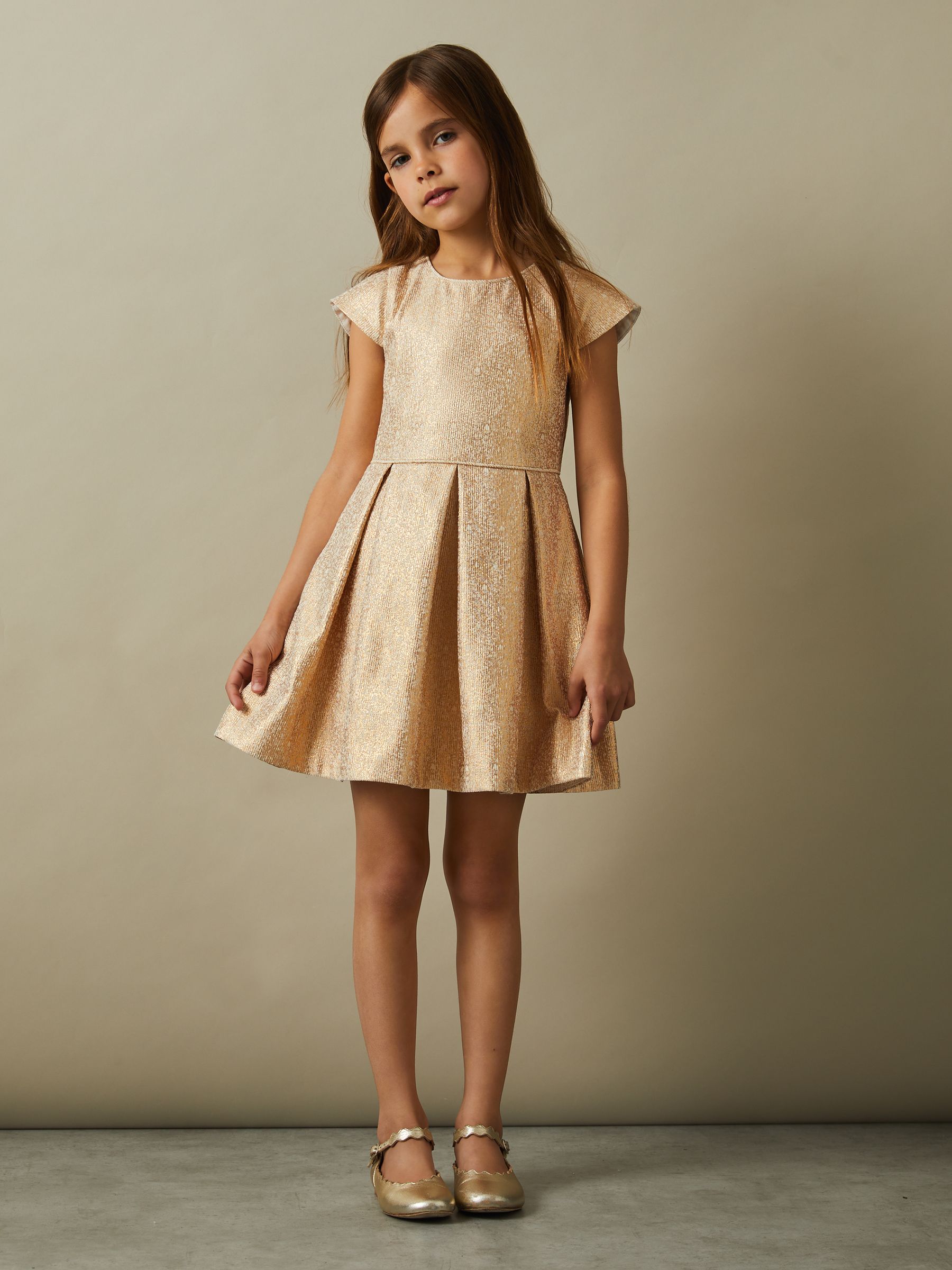 9-13 yrs Metallic Pleated Cap Sleeve Dress in Gold