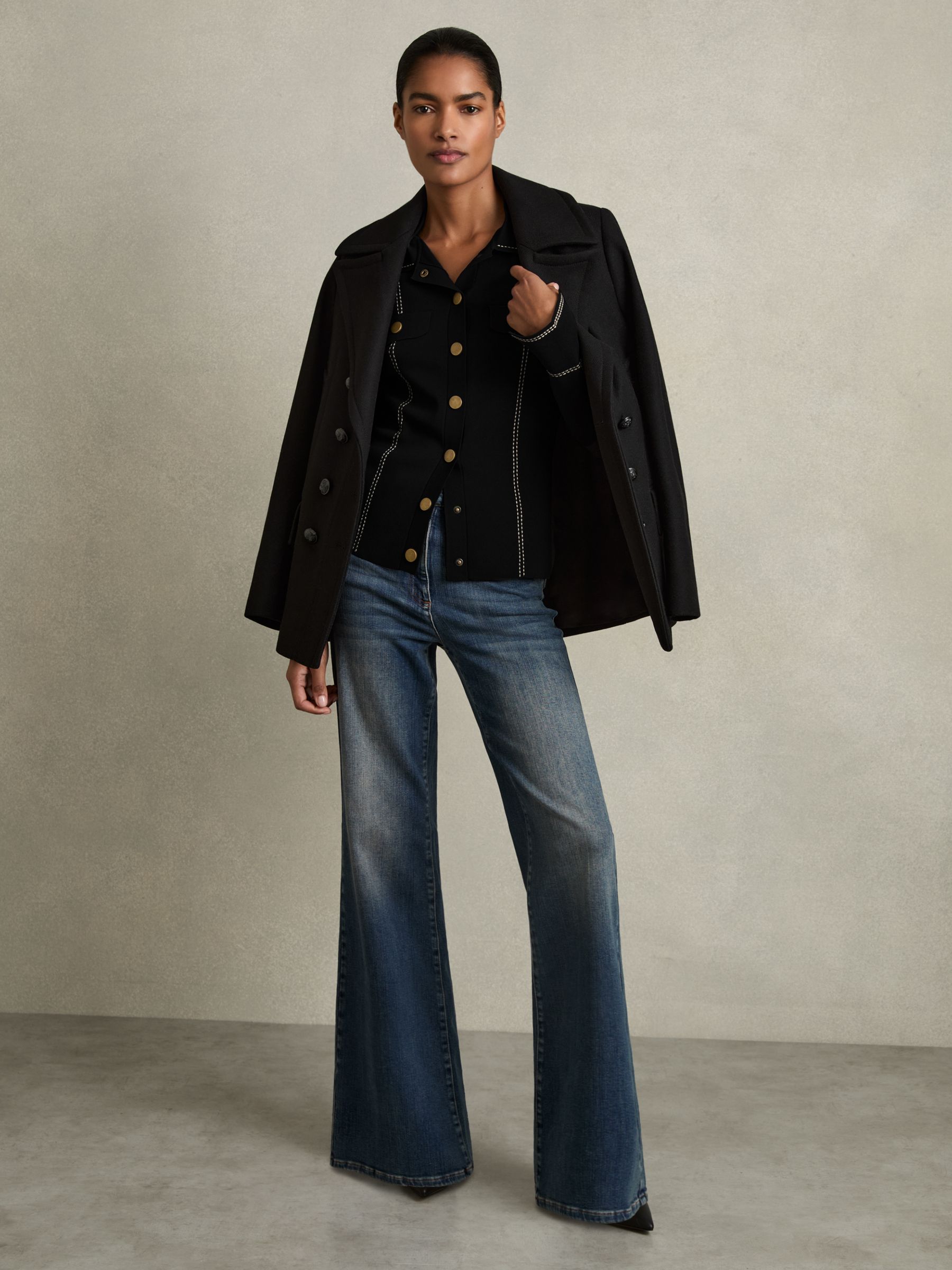 Compact-Knit Topstitched Press-Stud Top in Black