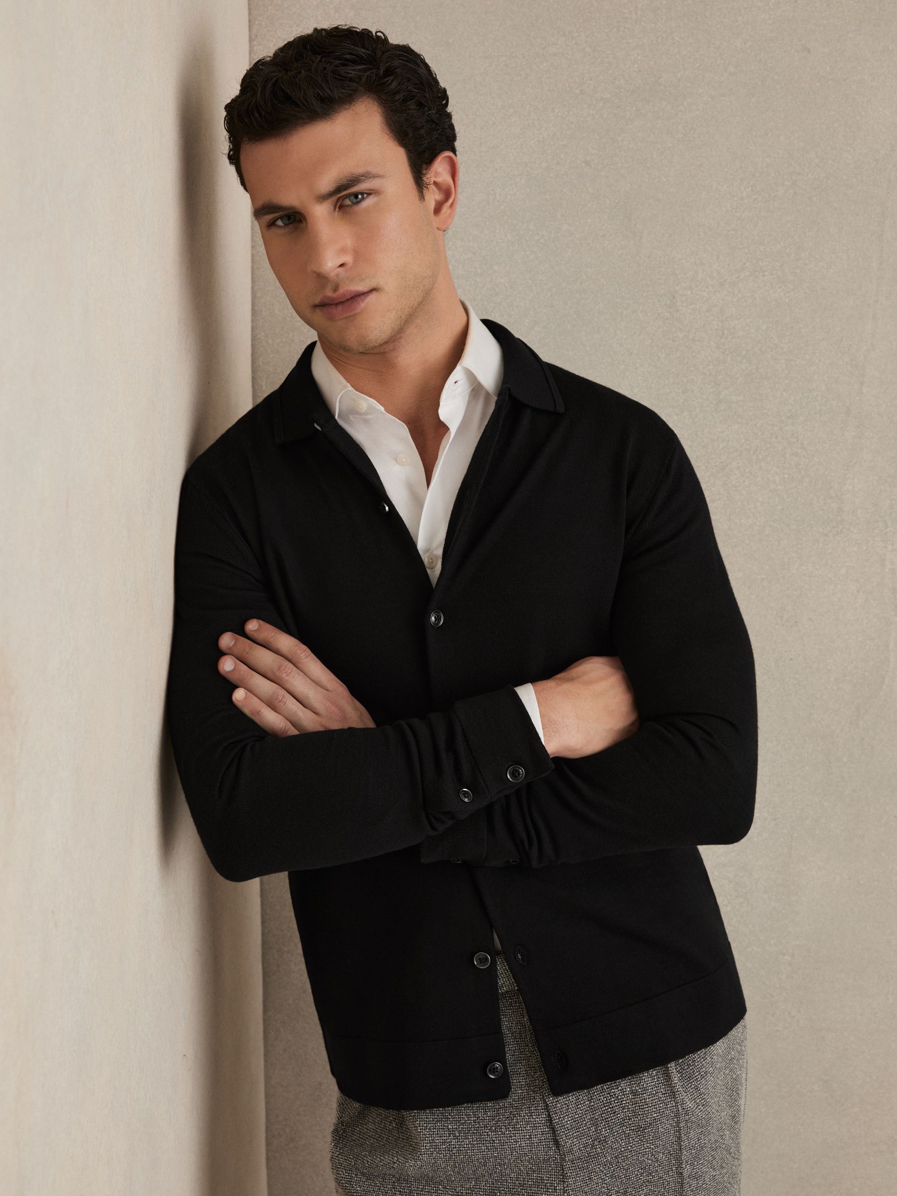 Merino Wool Button-Through Cardigan in Black