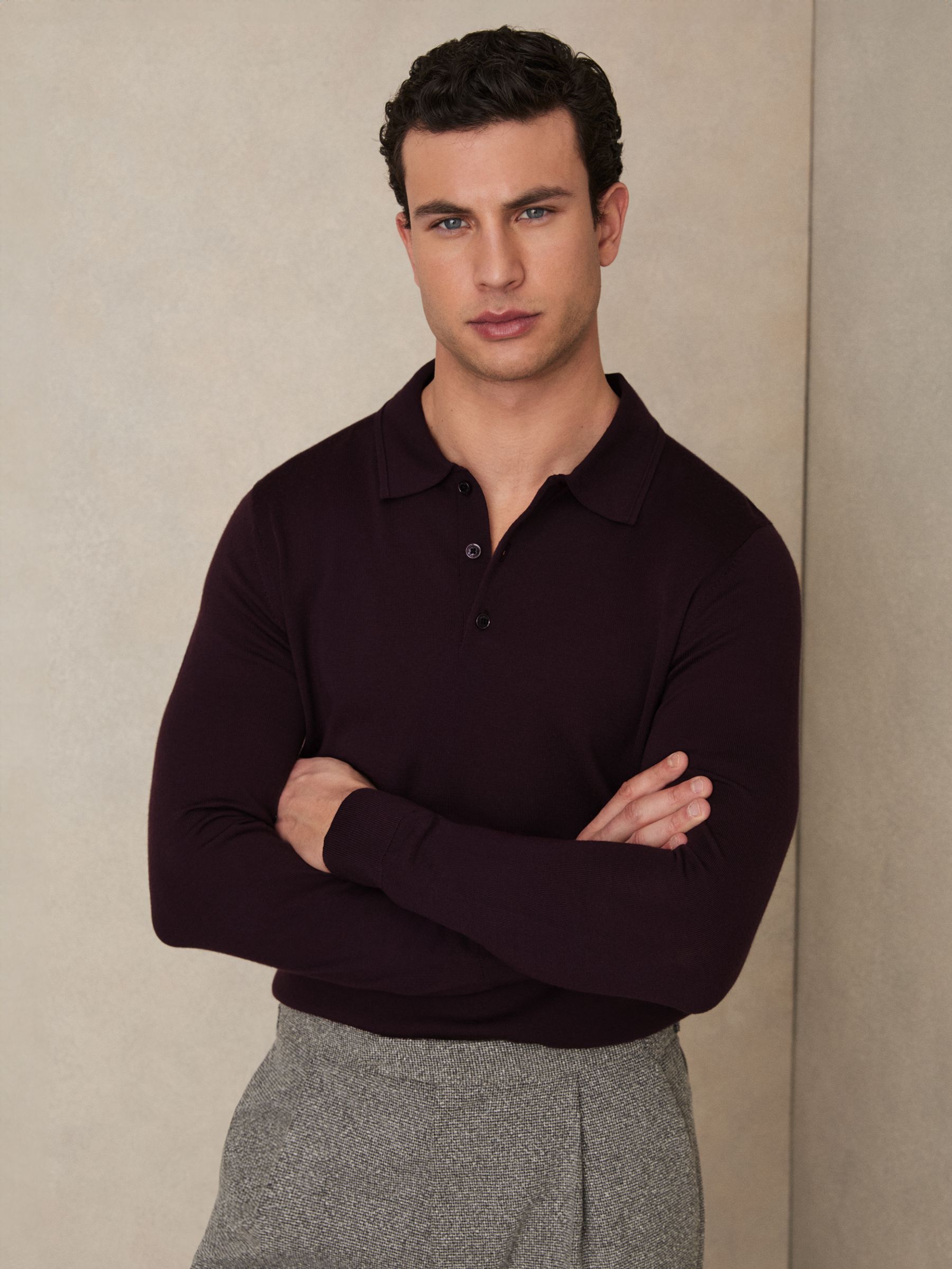 Merino Wool Long-Sleeve Polo Shirt in Dark Bordeaux