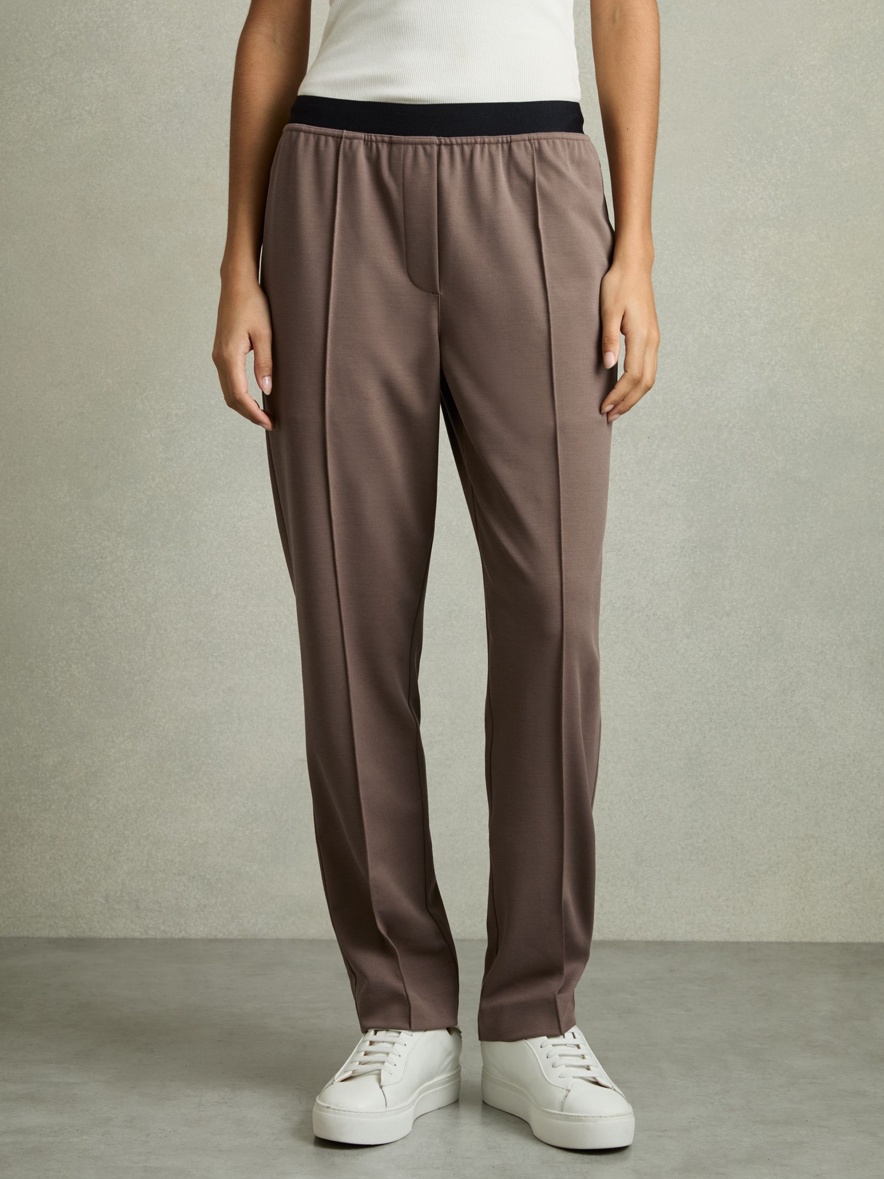 Elasticated-Waistband Tapered Trousers in Mink Neutral