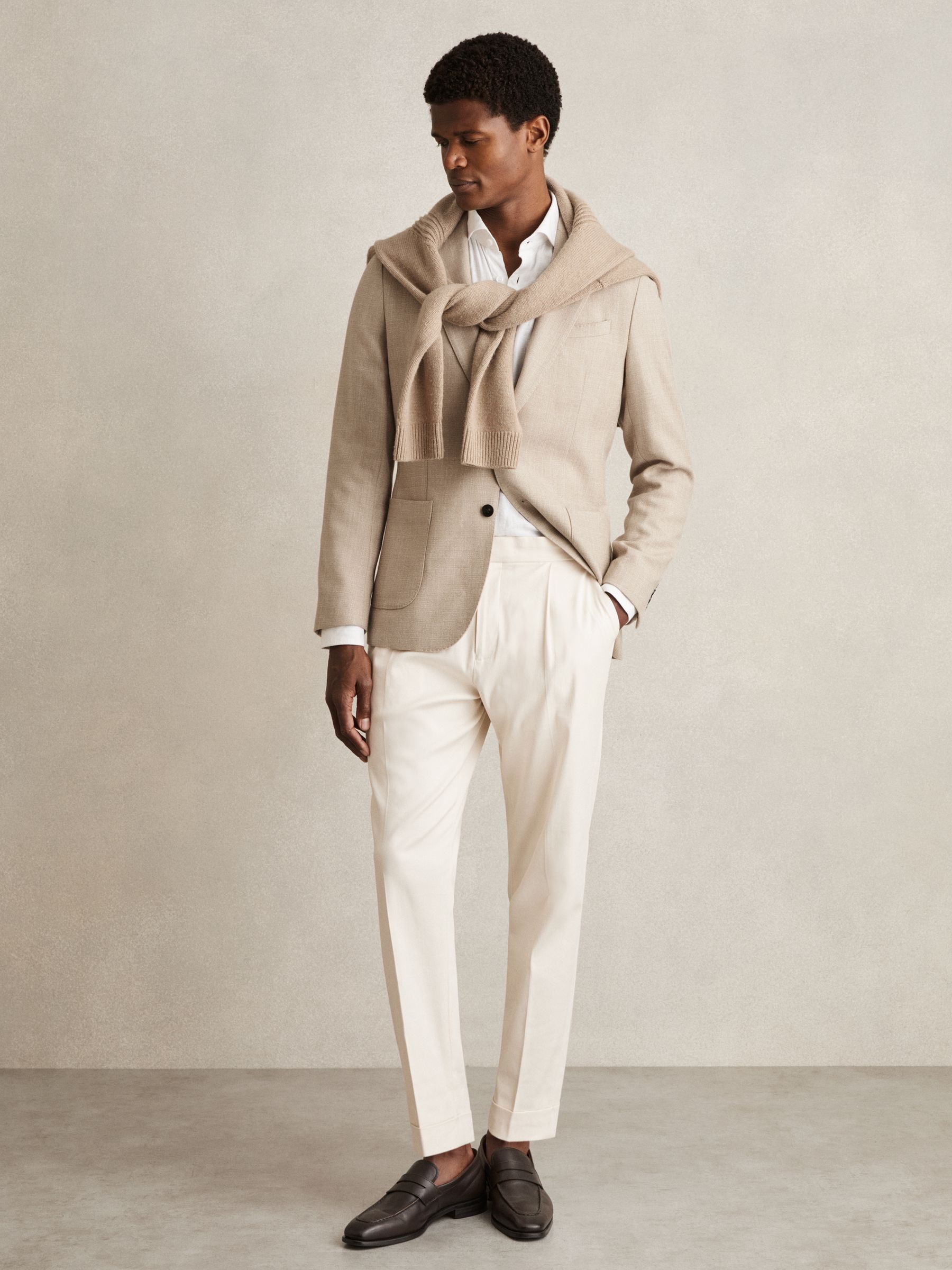 Slim-Fit Single-Breasted Wool-Blend Textured Blazer in Oatmeal